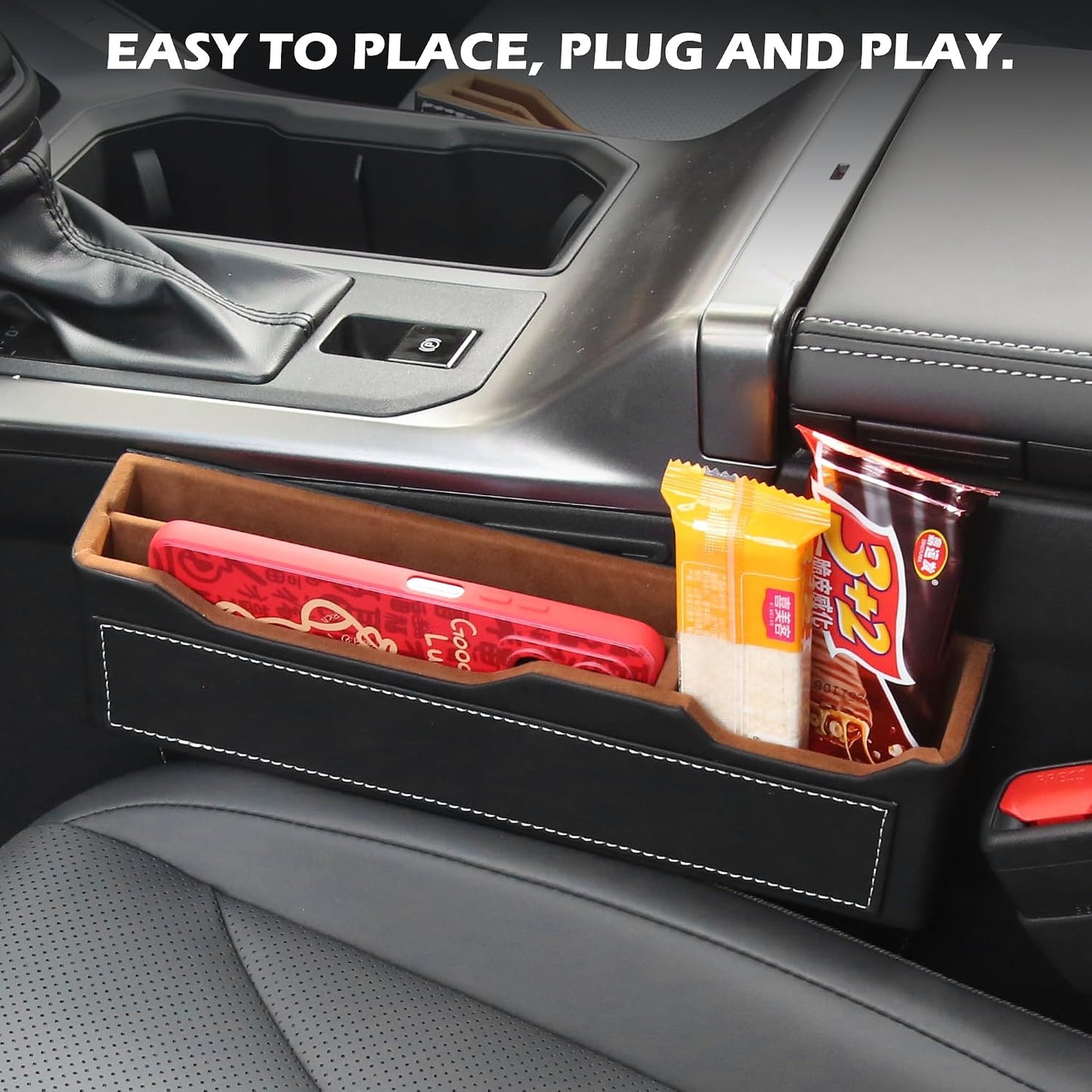 2-Pack Black Obsidian Car Seat Gap Filler - Premium Leather Wrapped Wood Organizer with Flocked Finish Universal Fit for Car SUV Truck Anti-Drop Console Side Storage Interior Accessories