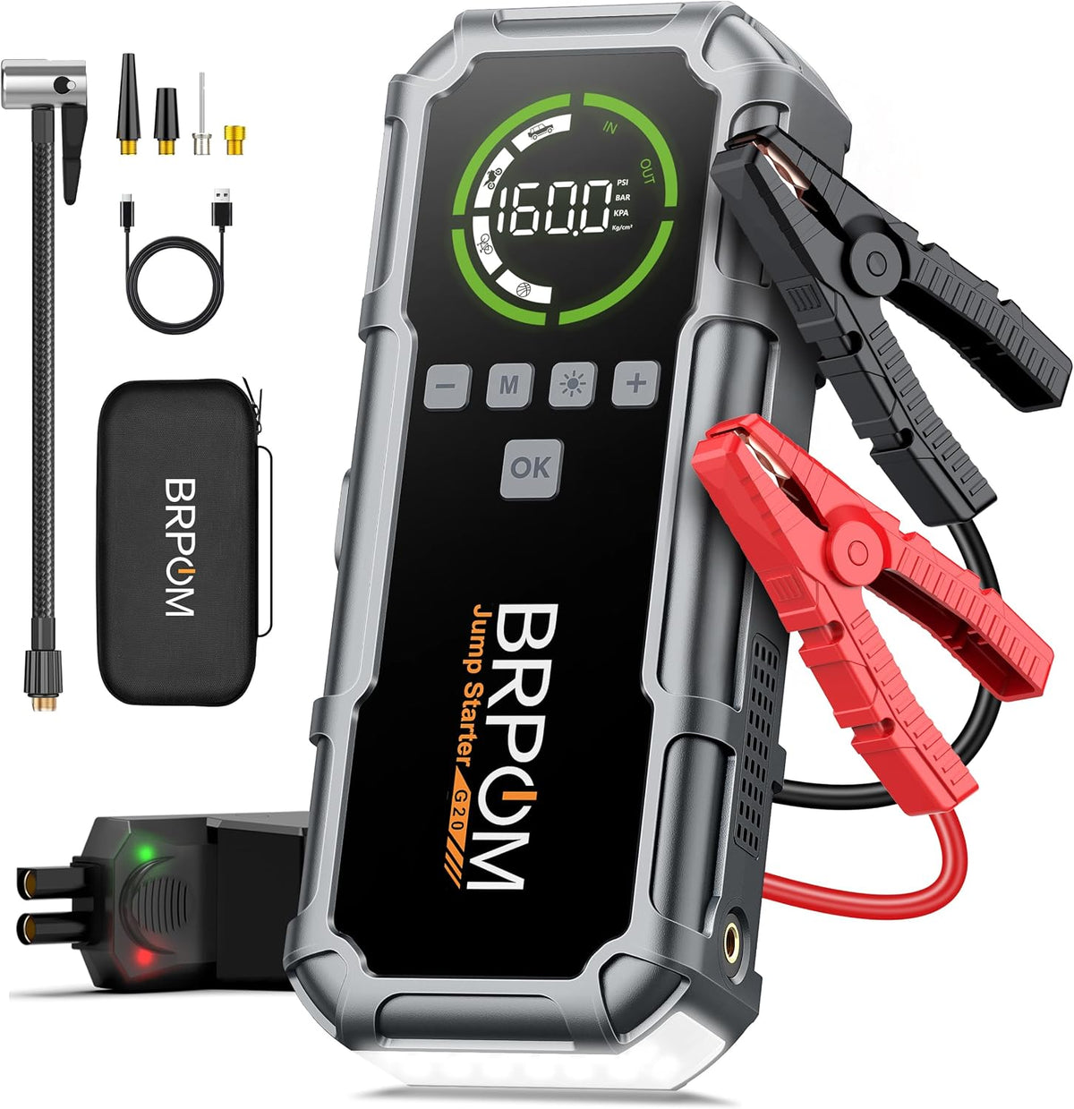 Jump Starter with Air Compressor, BRPOM 8000A Portable Car Jump Starter (All Petrol/12L Diesel), 160PSI 12V Battery Jump Starter Power Pack with Jump Clamps, LCD Screen, 600 Lumens Emergency Light