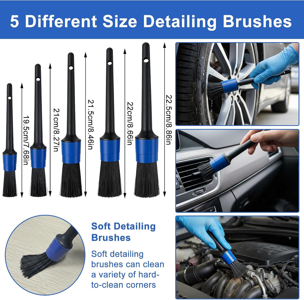 32-Piece Car Detailing Kit with Drill Brush Attachments & Polishing Pads – Professional Auto Detailing Brushes, Wheel & Tire Cleaning Tools with Storage Bag (Blue)
