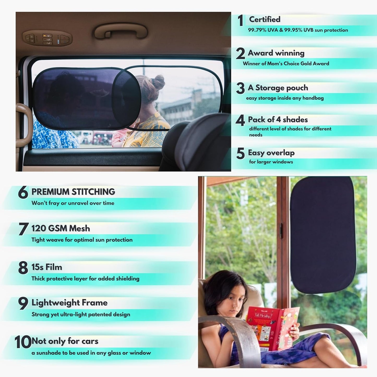 Car Window Shades - Certified 99.79% UVA & 99.95% UVB Sun Protection. Award Winning car Sun Shade for Side Windows. 4 Pack Semi Transparent 20" x 12" - Window Shade for car Baby by Kinder Fluff