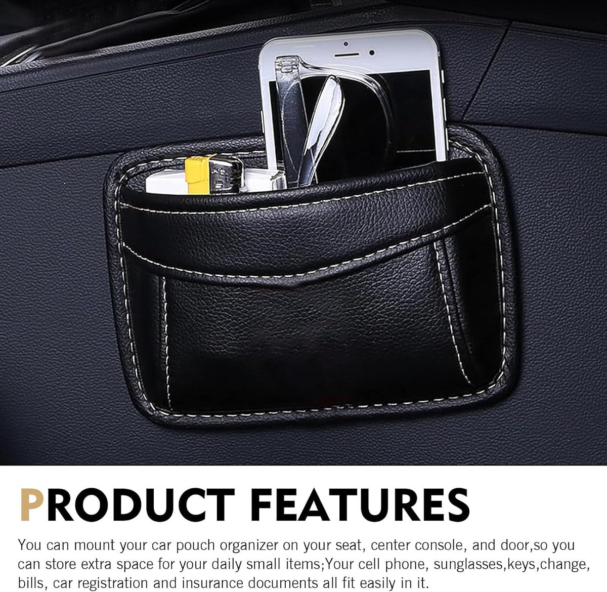 Car Seat Side Pocket Organizer, Black PU Leather Mini Auto Seat Storage Bag, Pen Phone Holder Tray Pouch Vehicle Seats Gap Filler, Universal Organize for Documents Registration Notepad