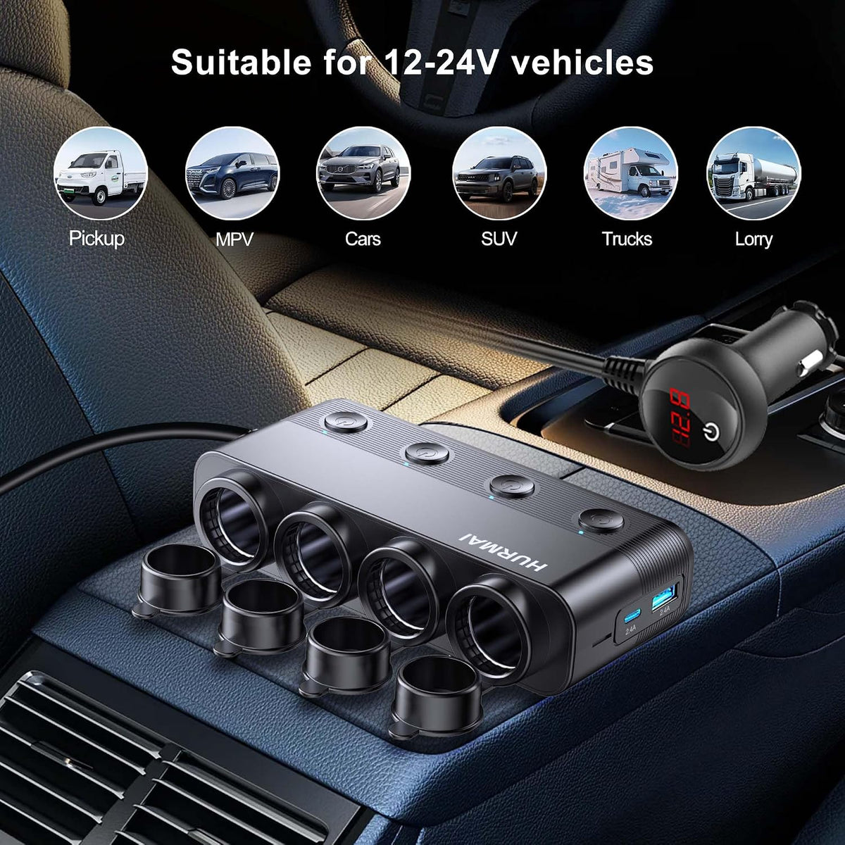 Cigarette Lighter Splitter 216W 4 Socket USB C Car Adapter for Truck SUV