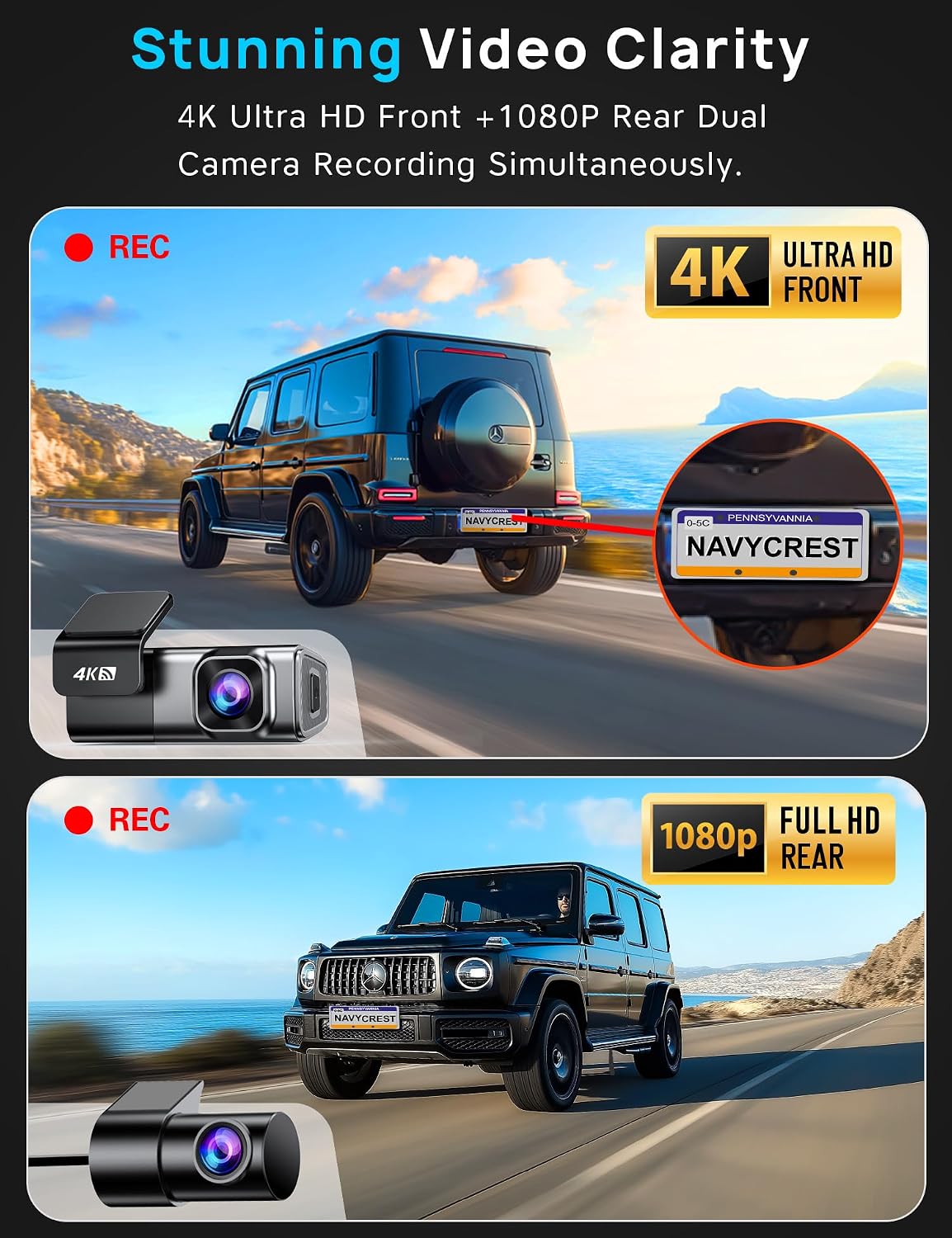 Navycrest 4K Dash Cam Front and Rear, Built-in 5G WiFi, Dash Camera for Cars 4K Front and 1080P Rear, Dashcams for Cars Loop Recording, Gravity Sensor, 24-Hours Parking Mode, SD Card NOT Included