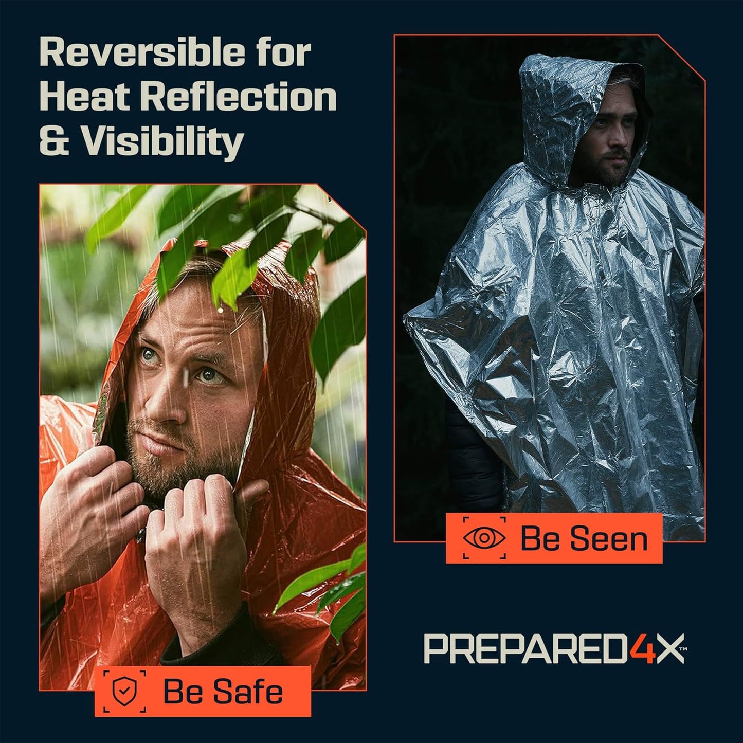 PREPARED4X Emergency Mylar Poncho – Survival Rain Poncho with Hood – Lightweight, Compact, Reusable Emergency Blanket Poncho for Hiking, Camping, Thermal Gear, Car Kit, Outdoors