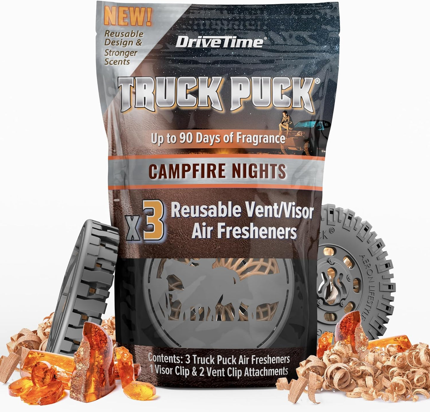 Drive Time Truck Puck Campfire Night Fragrancee Car Air Freshener – Long-Lasting Car Deodorizer, Refillable Vent & Visor Clip Auto Air Freshener for Car, Truck & SUV, Premium Fragrance, Pack of 3