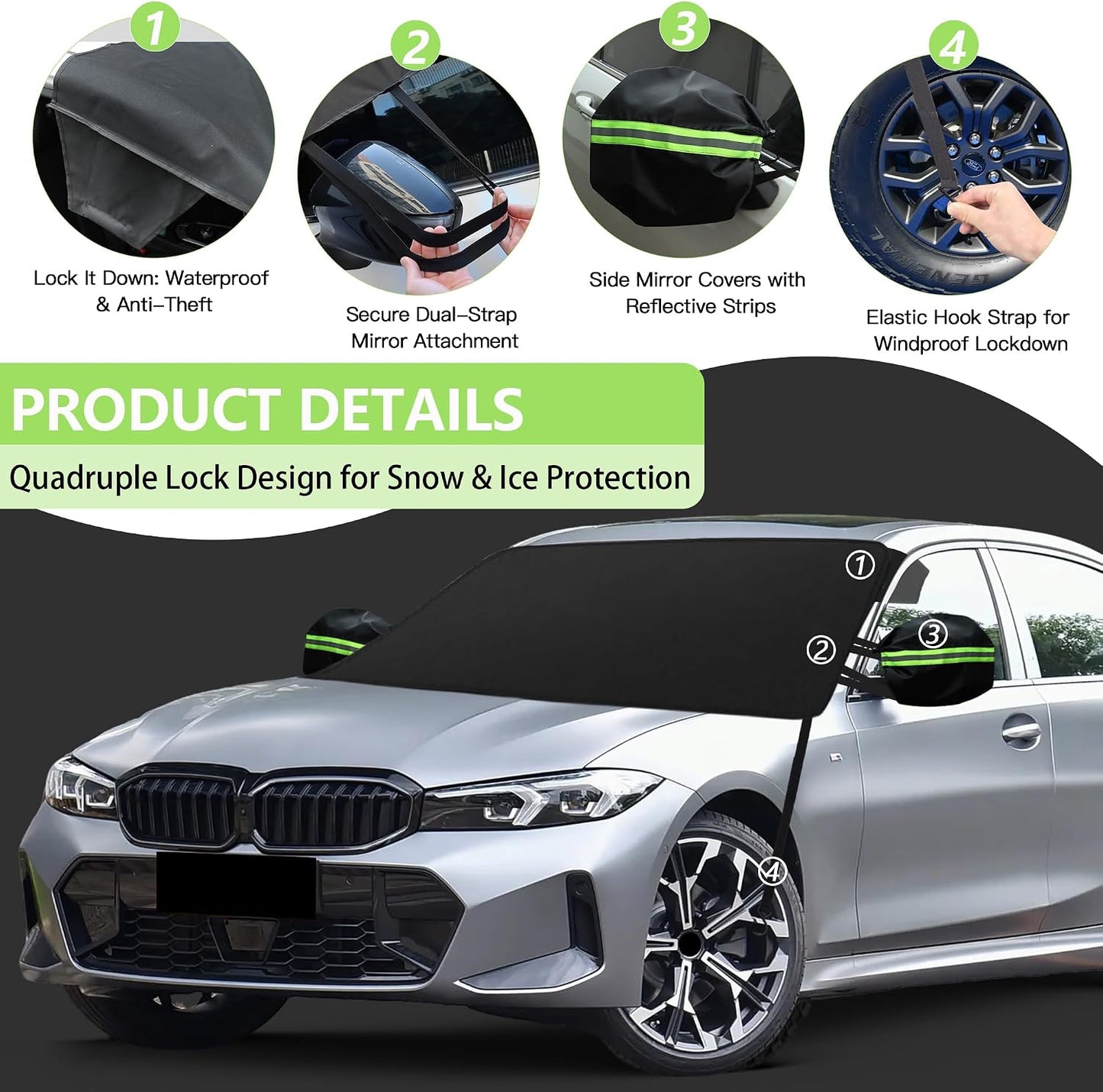 KXQ Car Windshield Cover for Ice and Snow, Enhanced-600D Oxford Fabric Windshield Snow Covers, Windshield Cover for Snow Fits Most Small to Mid-Size Sedans and SUVs (63 x 47.5 Inch)