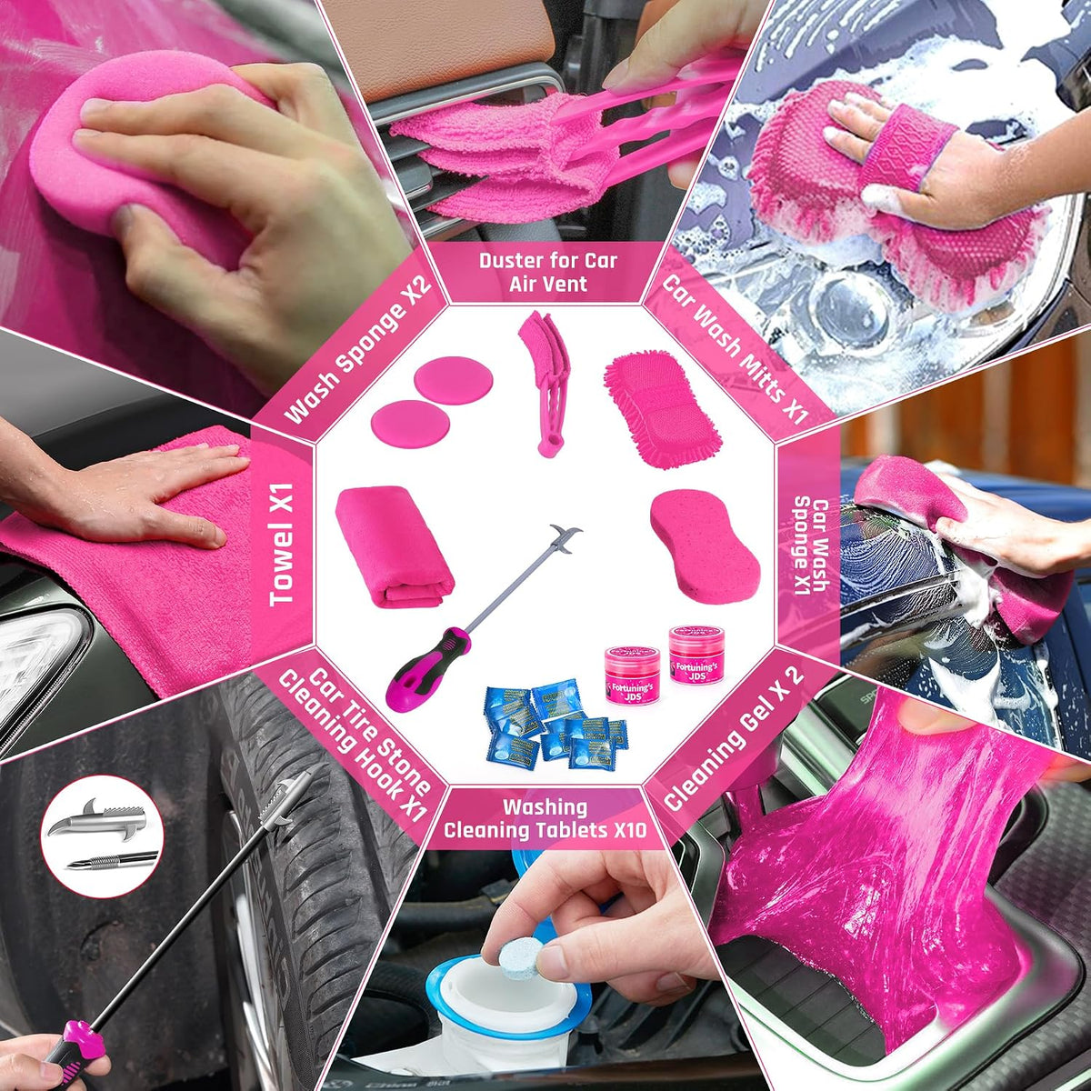 34PCS Car Detailing Brush Set, Car Detailing Kit, Car Detailing Brushes, Car Cleaning Kit, Professional Car Care kit - Car Wash Brush kit for Interior Exterior Wheels, Pink Car Accessories for Women