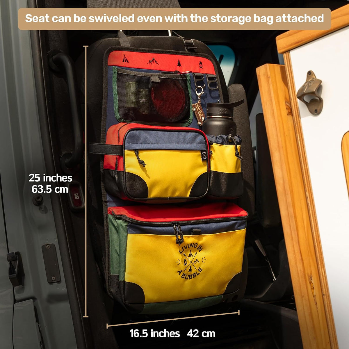 Living in a Bubble Seat back Organizer – Magnetic Toiletry and Cooler Pouch, Cordura Car Backseat Storage with Device Holder & Hooks, Multi-Compartment Utility Bag for Campervans & Family Travel