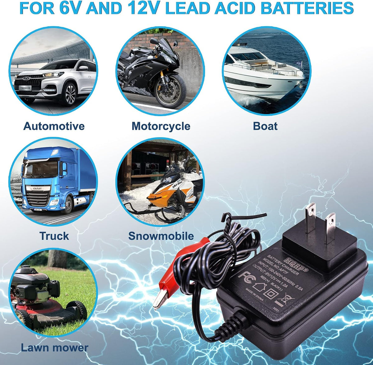 HQRP Fully Automatic 6V / 12V Sealed Lead Acid Smart Battery Charger SLA Maintainer Compatible with Car Truck Motorcycle, Alligator Clips