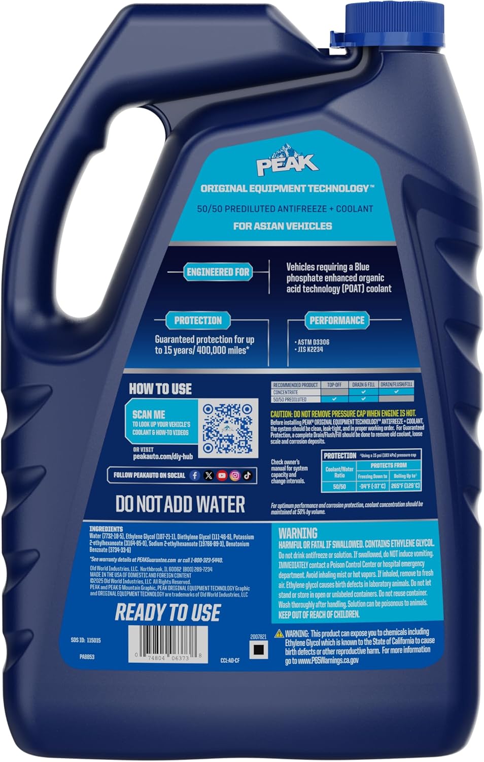 PEAK OET Extended Life Blue 50/50 Prediluted Antifreeze/Coolant for Asian Vehicles, 1 Gal.