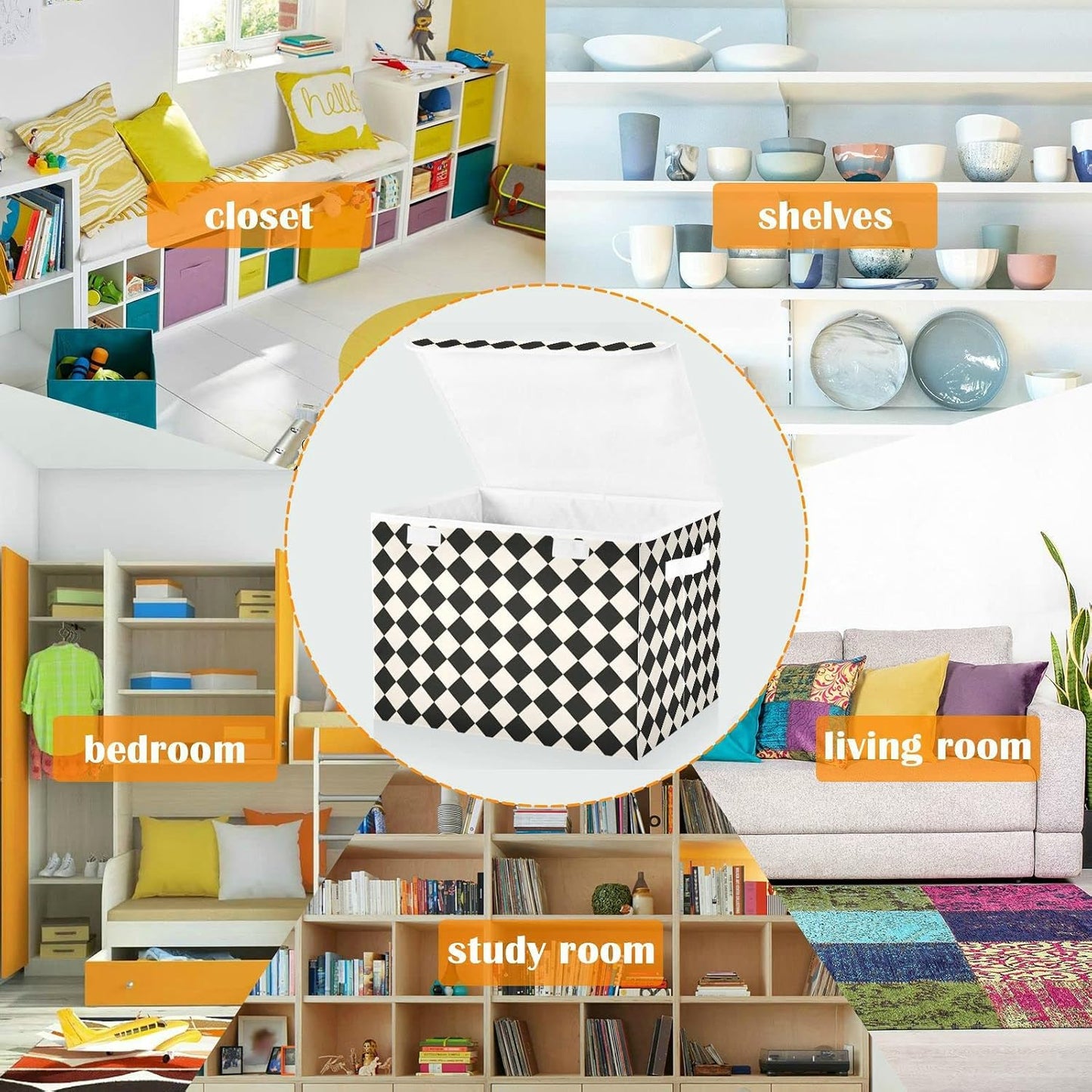 CaTaKu Large Fabric Storage Bins With Lids,Black and White Checkered Storage Boxes With Handles for Organizing Clothes, Collapsible Storage Cube Bins Baskets for Shelves