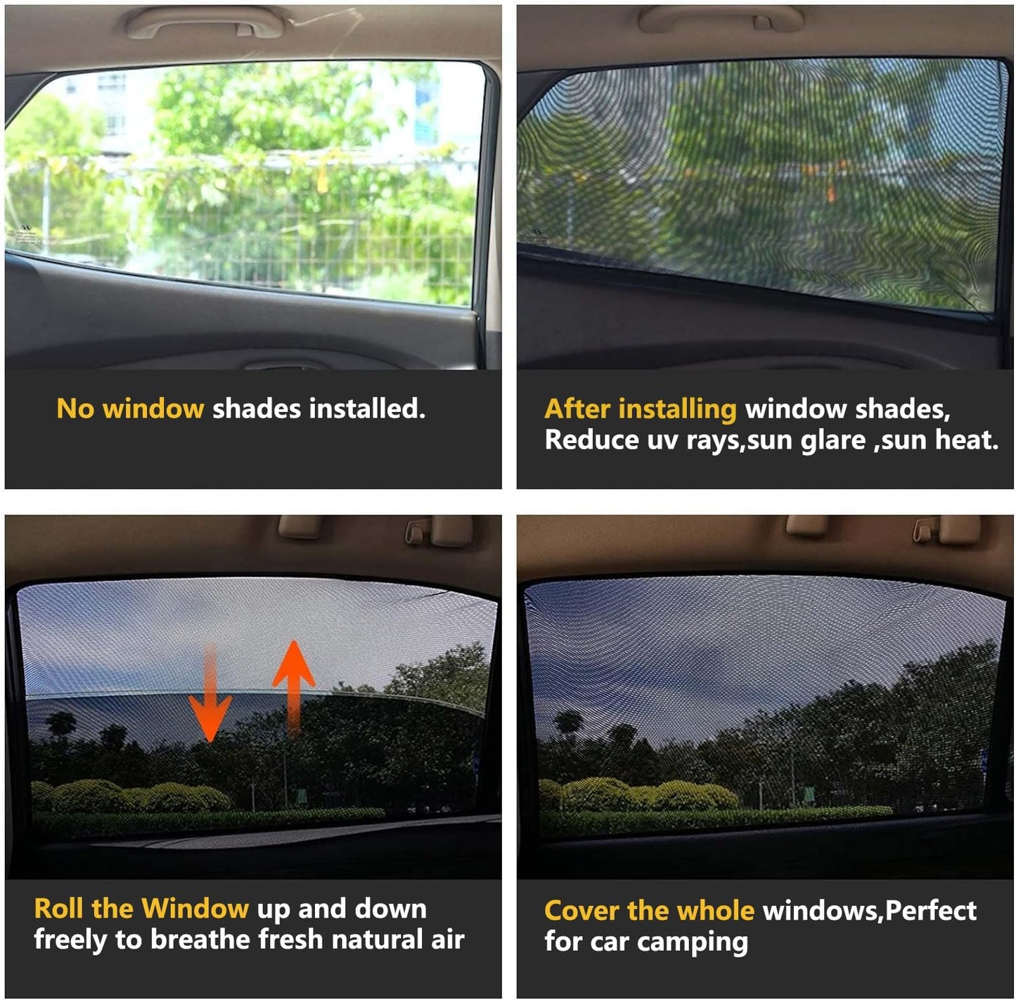 Car Rear Side Window Shades,2 Pack Breathable Mesh Car Window Screens Sun Shades Covers for Camping,Fit for 96% of Cars, Block Sun Glare,UV Protection,Privacy Protection
