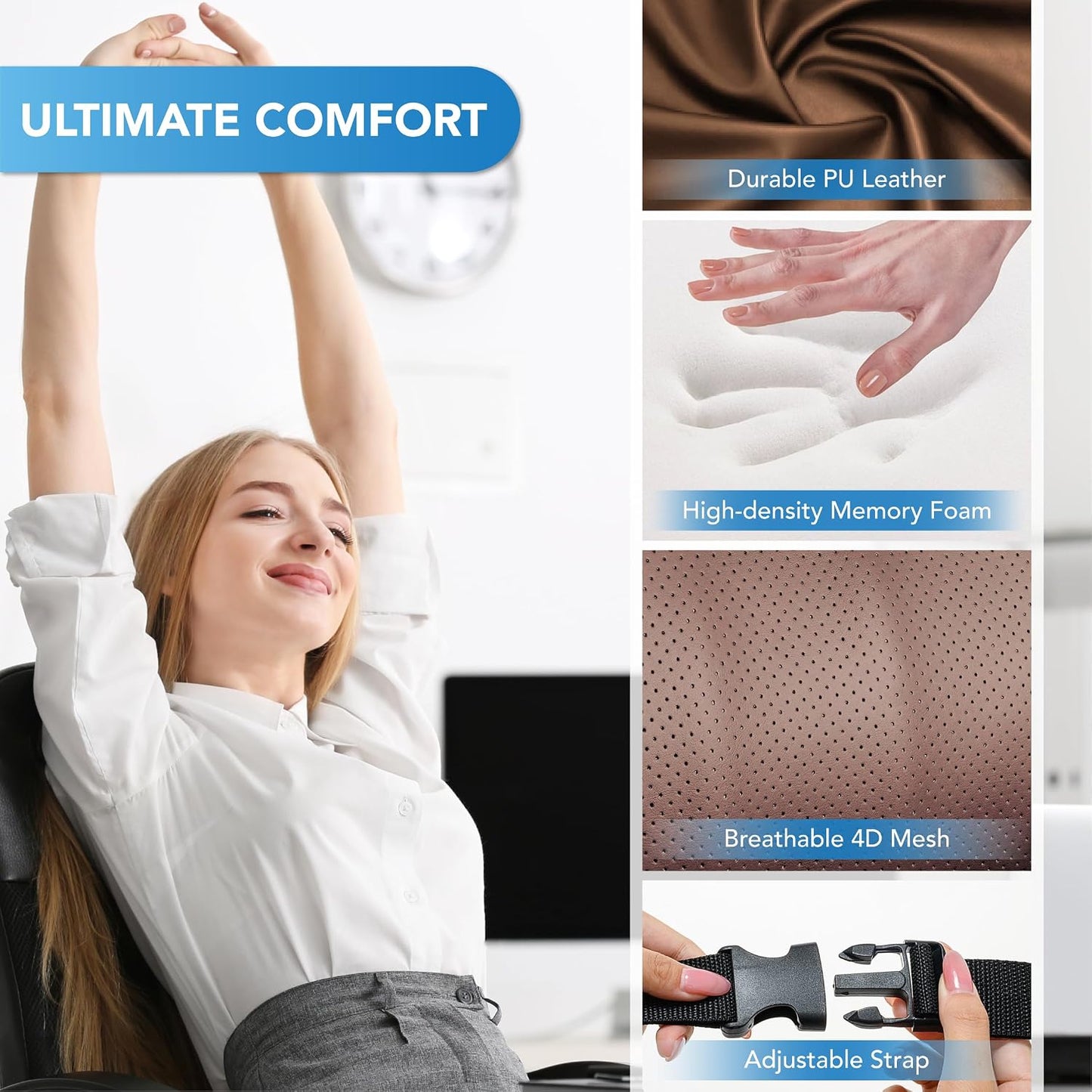 Lofty Aim Lumbar Support Pillow for Car, Car Seat Back Support for Driving | Memory Foam Car Lumbar Support for Driving Seat, Car Back Cushion, Adjustable Straps, Lower Back Pillow, PU Leather, Brown