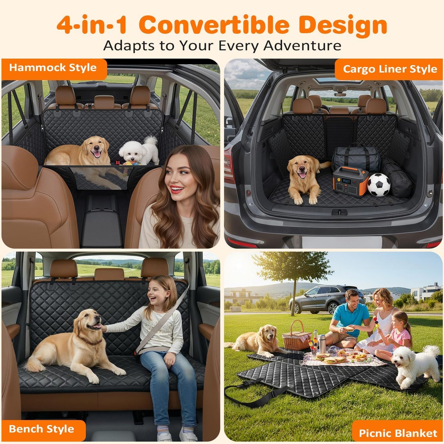 URPOWER 4 in 1 Dog Car Seat Cover for Back Seat, Waterproof Dog Hammock with Mesh Window and Side Flap Pet Car Seat Protector Dogs Backseat Cover for Cars, SUVs & Mid-Size Trucks