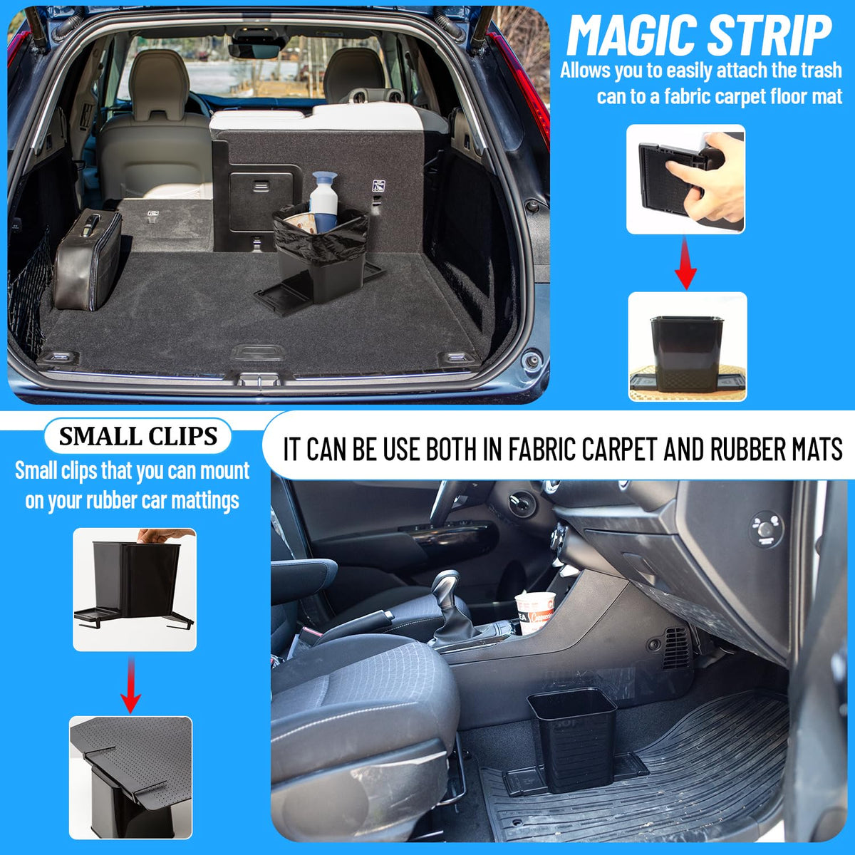 Car Trash Can with Stability Wings – Leakproof Portable Garbage Bin for Fabric & Rubber Mats – Compact Durable Plastic Auto Organizer for Cars, SUVs, Trucks (Black, Small)