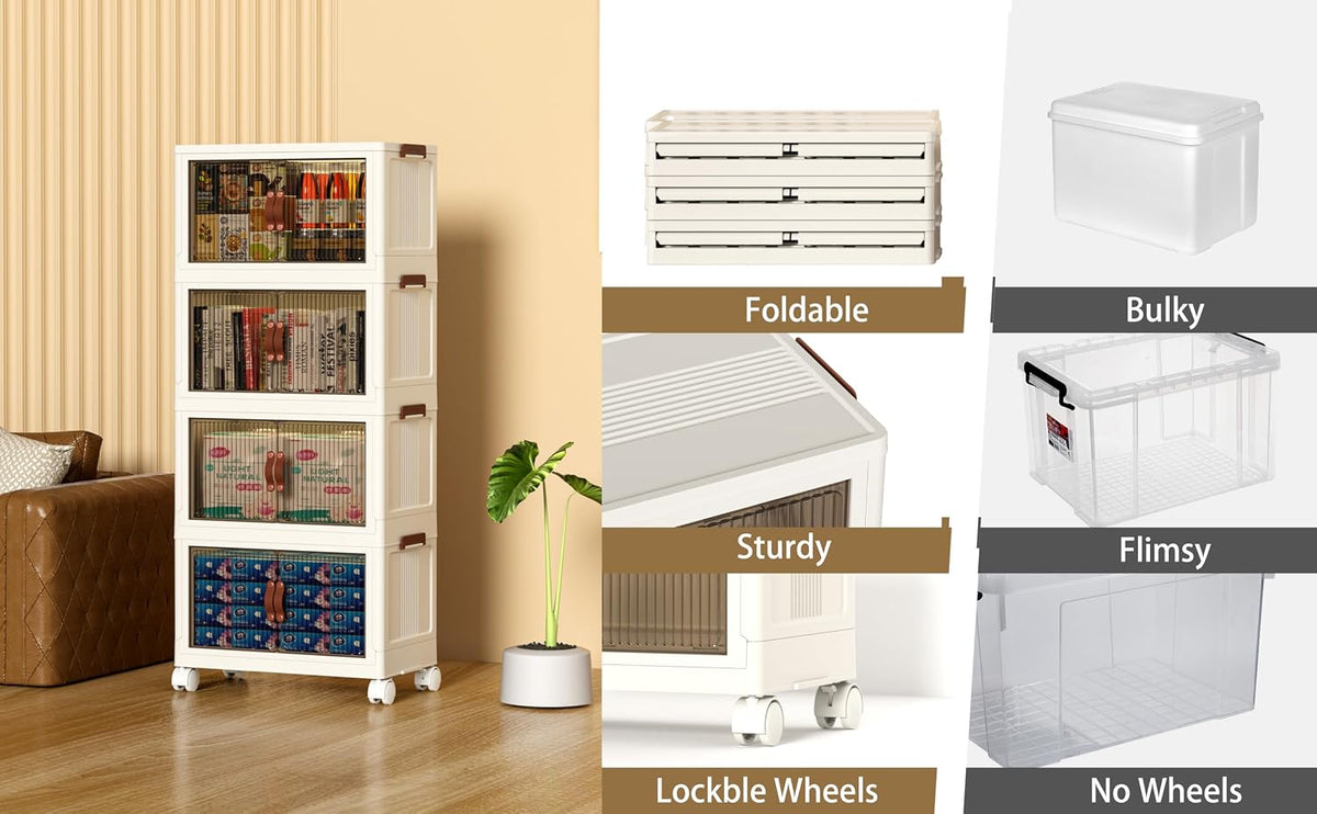 Collapsible Storage Bins with Lids - Stackable Plastic Closet Organizers for Clothes, and Home Organization White (4 rack, 30 Gal/rack)