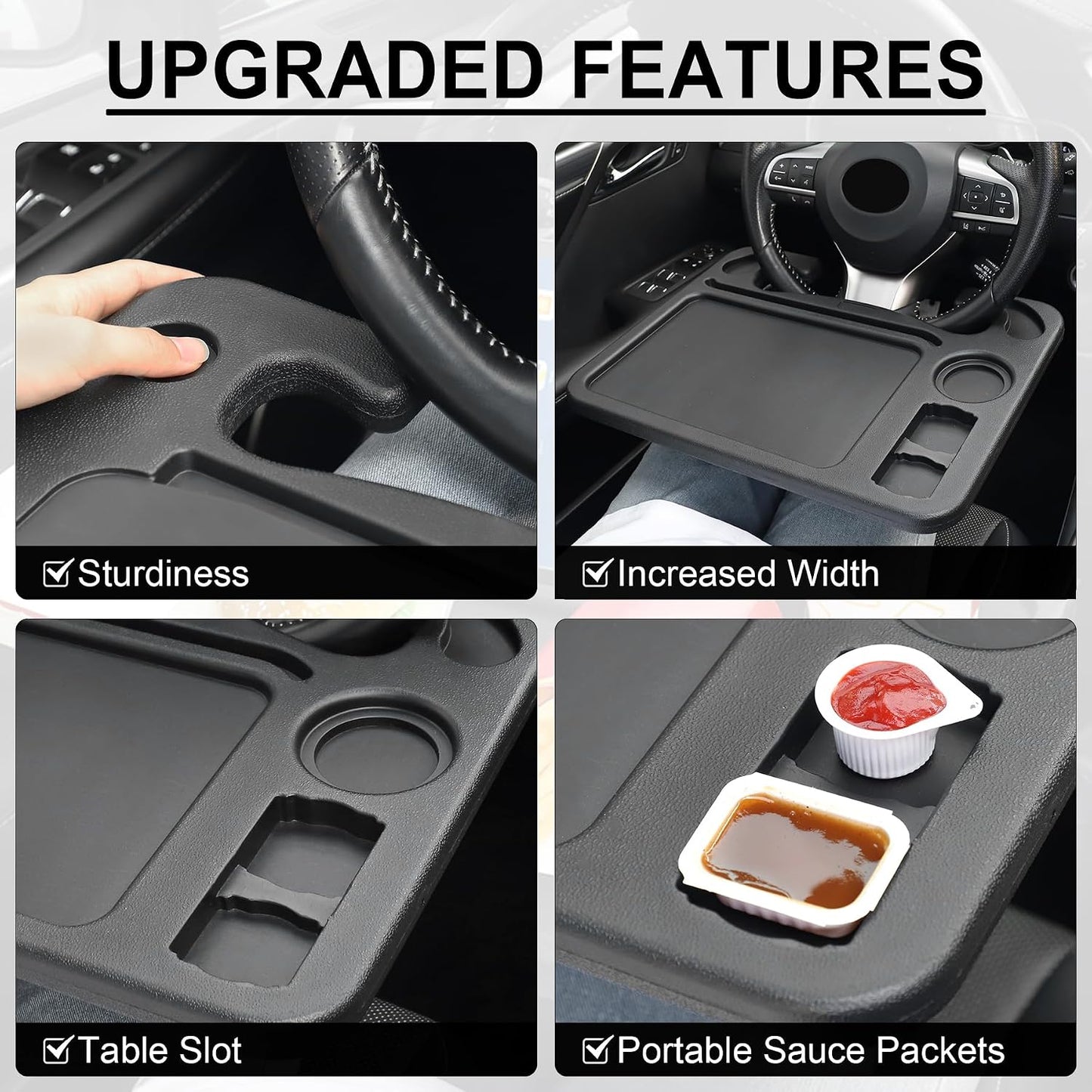 JUSTTOP 4 In 1 Car Steering Wheel Desk for Laptop,Versatile Upgraded Car Seat Tray, Spacious Steering Wheel Table With Tablet Holder and Dual Sauce Racks,Steering Wheel Under Table Console (Large)