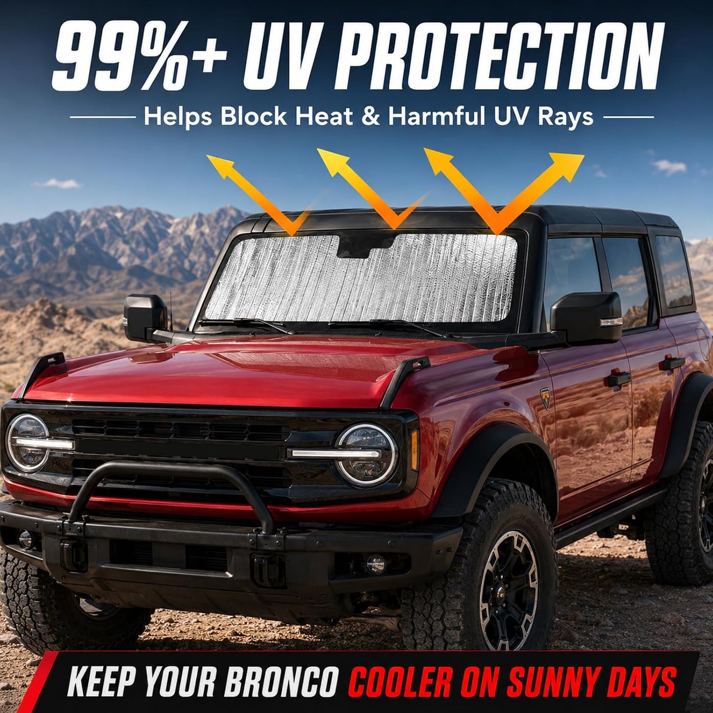 Mabett Windshield Sun Shade for Ford Bronco Accessories 2026 2021-2025 Insulated and Sun Protection by Sun Visor for Bronco 2/4-Door (Silver)