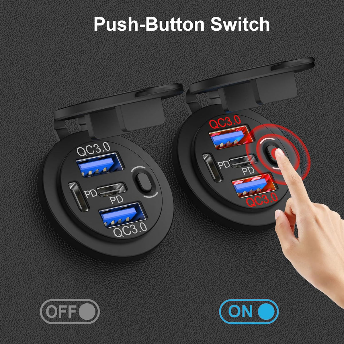 2 Pack Red 12V USB Outlet Dual PD 30W USB C Port and Dual USB QC 3.0 Port with Power Switch, 78W Multiport Car Charger Socket Waterproof DIY Accessories for Car Boat Marine Motorcycle RV ATV