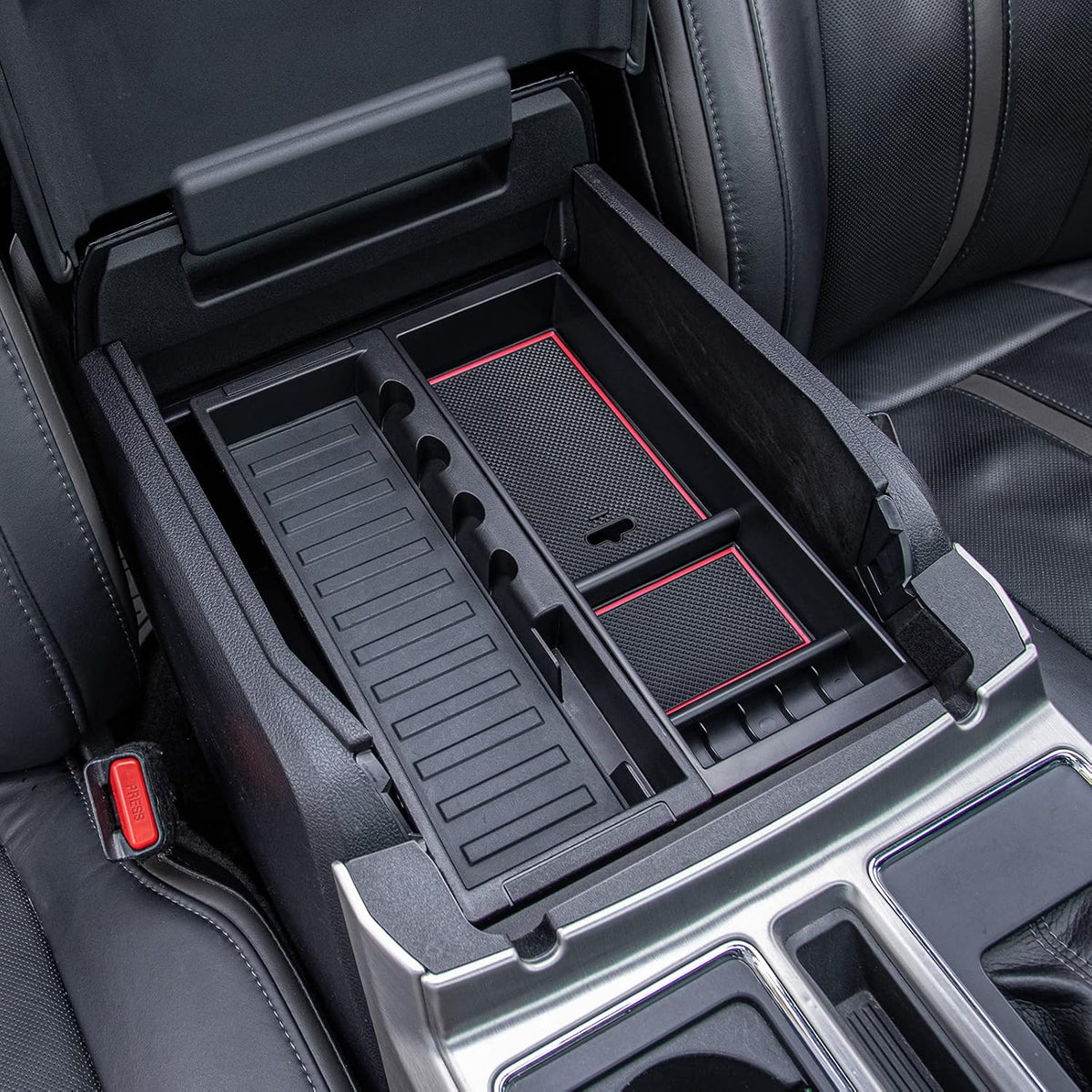 PIMCAR Center Console Organizer Tray for Ford F150 (2015-2020), Super Duty F250/F350/F450 (2017-2022), Expedition (2018-2024),ABS Plastic Single-Piece Design, Fits Factory Tray-Red Trim