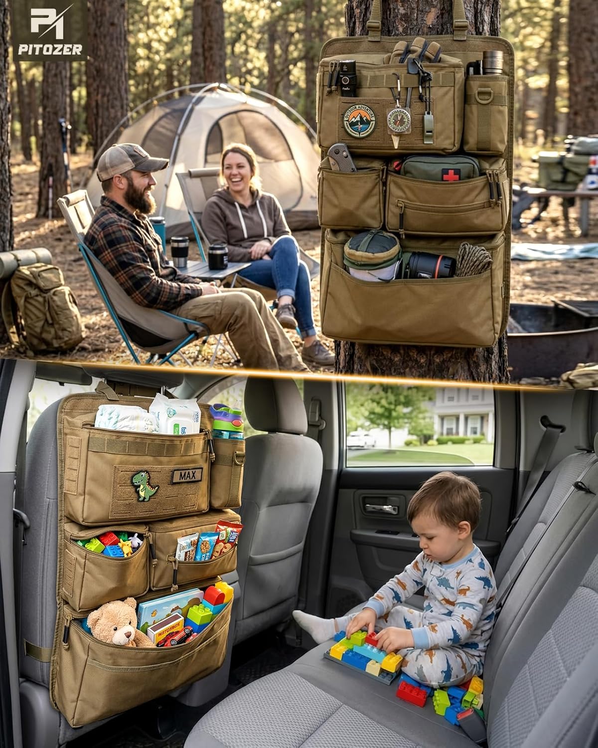 All in One Car Seat Back Organizer Fit Most Cars SUV Trucks Jeeps | Heavy Duty Molle Panel Seat Back Protector with Multi-Pockets Storage, for Tools, Toys, Camping, Travel, Daily Commuting