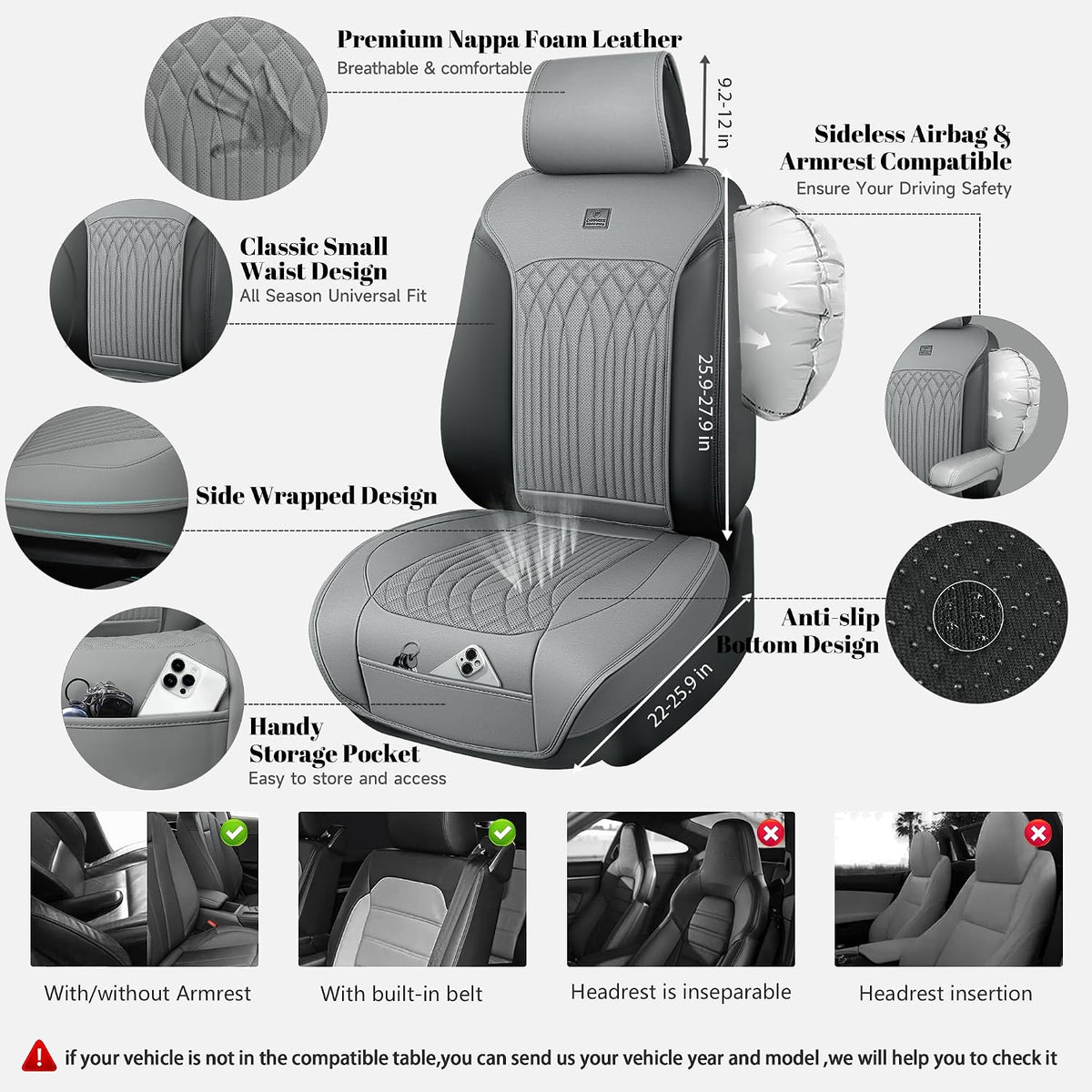 CAR PASS Car Seat Protector, 2 Pack Sideless Nappa Leather Seat Covers for Cars, All Season Waterproof Breathable Front Seats Cushion with Storage Pocket Universal Fit Vehicle Car SUV Truck, All Gray