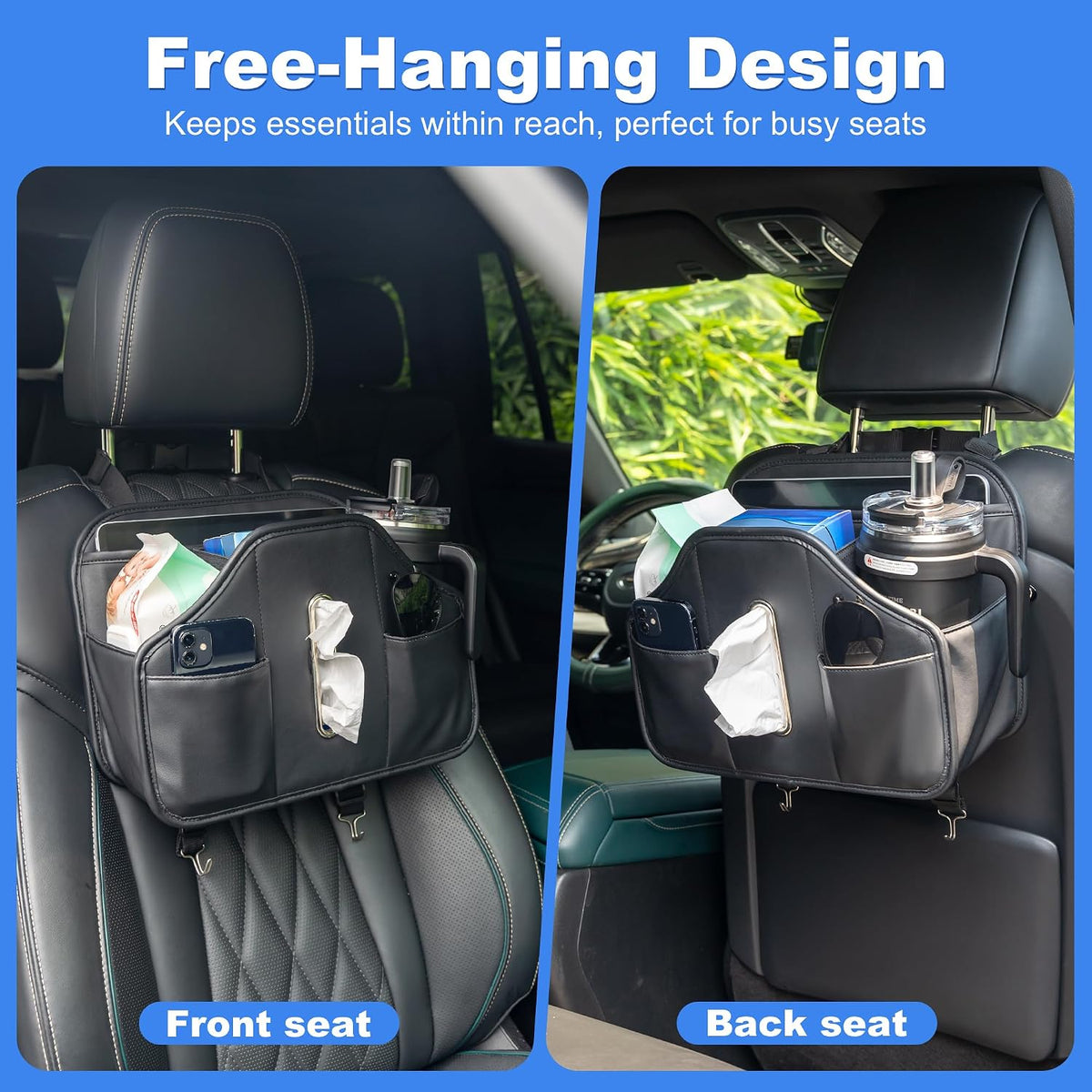 Upgraded Car Tissue Holder,Car Seat Back Organizer With Cup Holder,Premium PU Leather Headrest Seat Back Storage Fits For Kleenex Tissue Box (50-230ct)