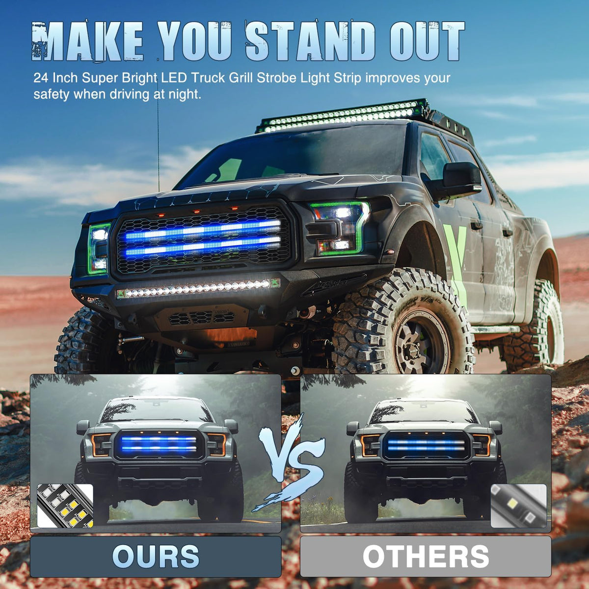 Nilight 2PCS 24" Truck Grille Strobe Light Strips 384 LED Blue White