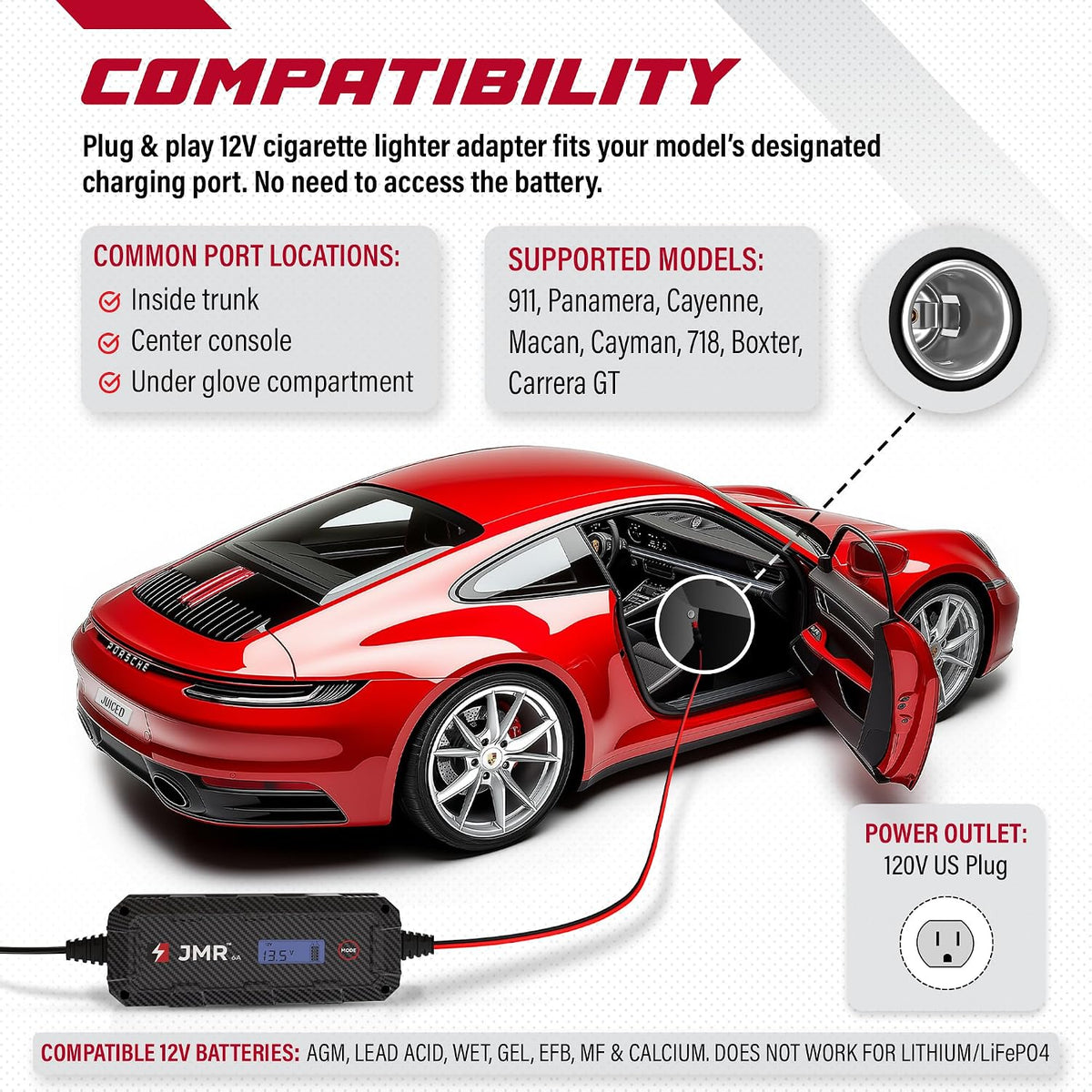 JMR 12V Battery Charger for Porsche, 12V Cig. Port, No Lithium Mode