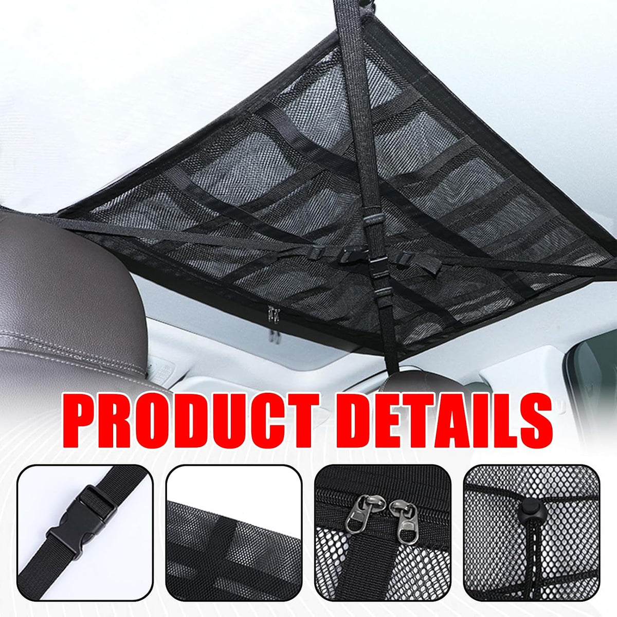 Car Ceiling Cargo Net, 31.5" x 21.6" Double Layer Overhead Storage Organizer, Adjustable Roof Mesh Pocket with Buckle Straps, Universal Auto Accessory for SUVs, Camping, Travel, Road Trips