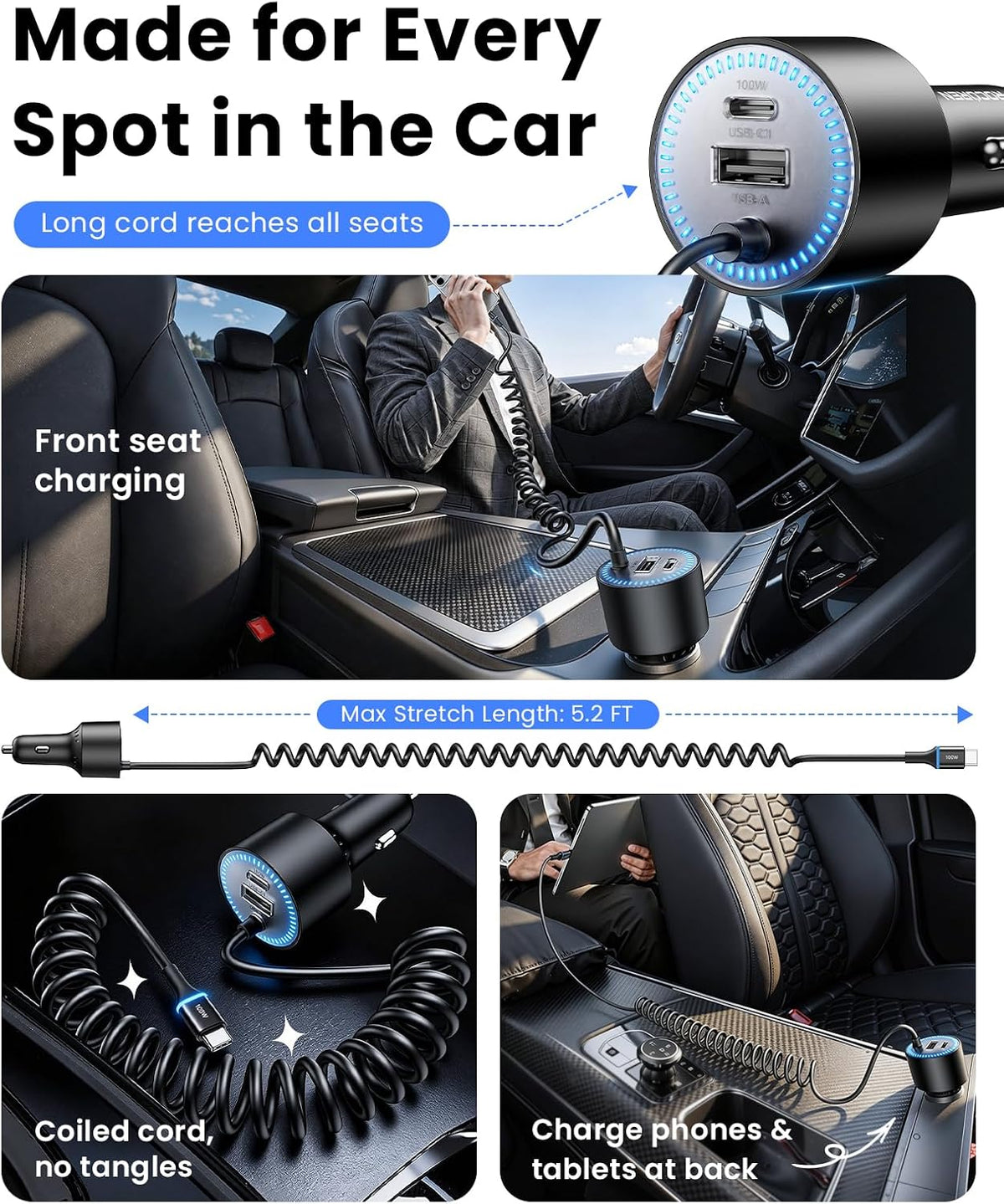 Rocoren 200W Car Charger USB C Fast Charge,PD 100W Type C Car Fast Charger