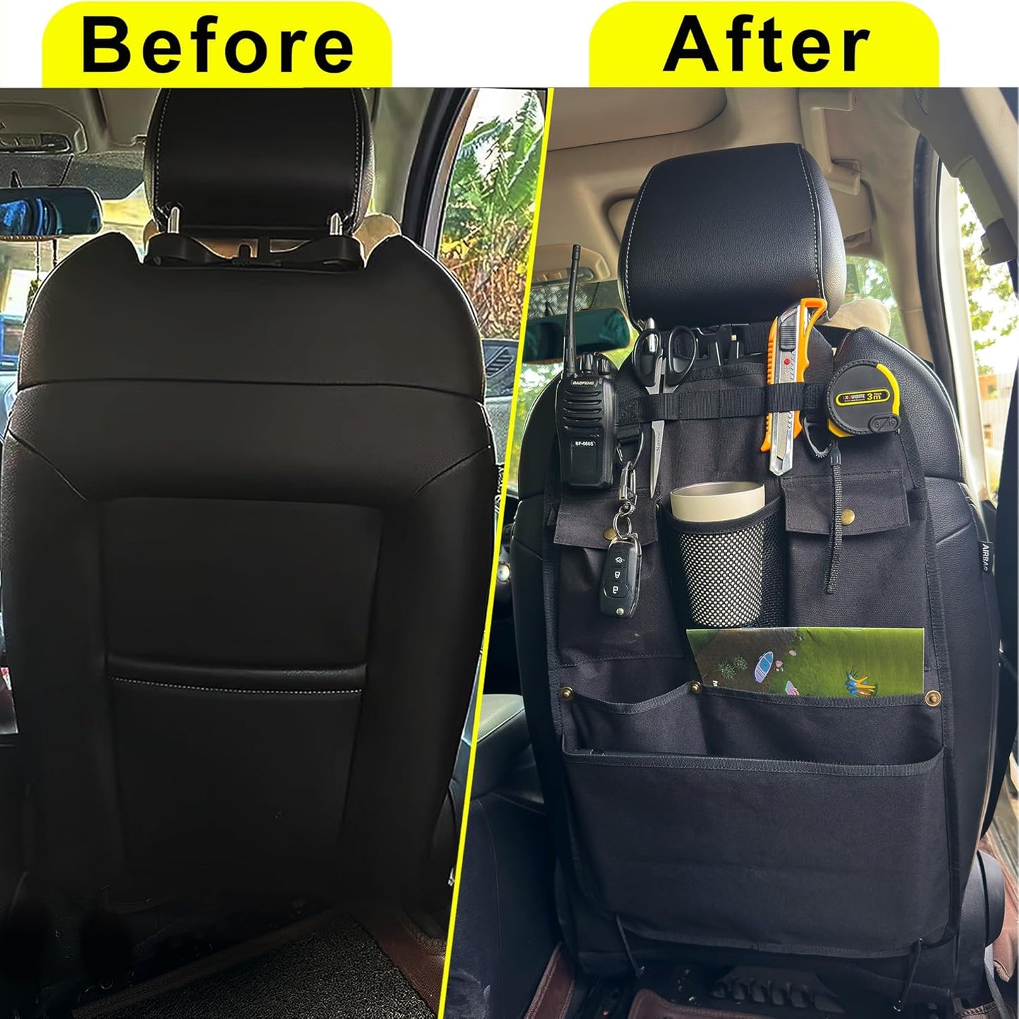 Black Car Seat Back Organizer with Multiple Pockets and Hooks