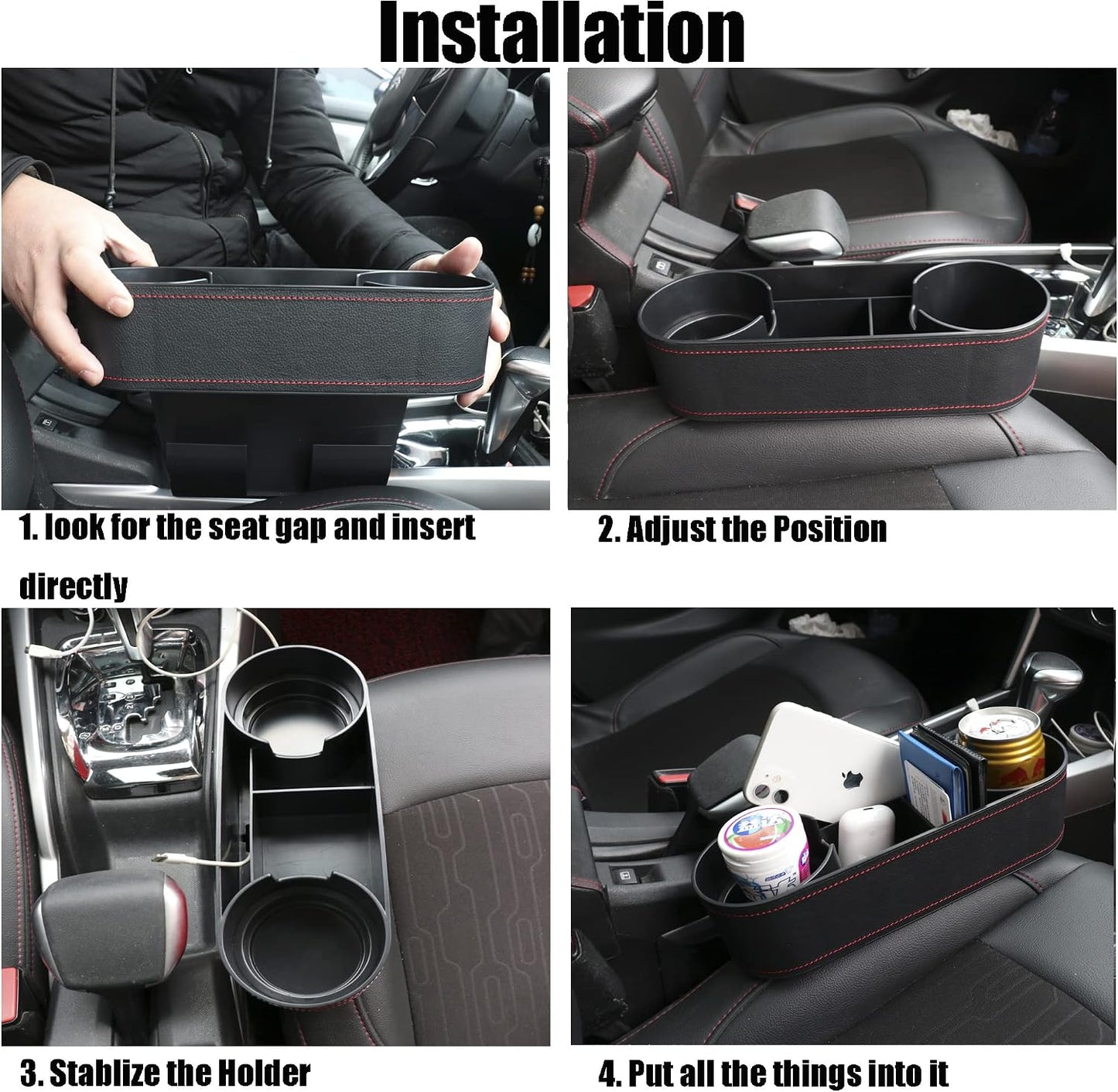 Car Cup Holder Seat Gap Organizer, Multifunctional Cup Drink Holders with PU Leather Cover,Side Insert Center Console Gap Filler Storage Box for Mug Bottle CellPhones Keys Coffee Coasters Cards