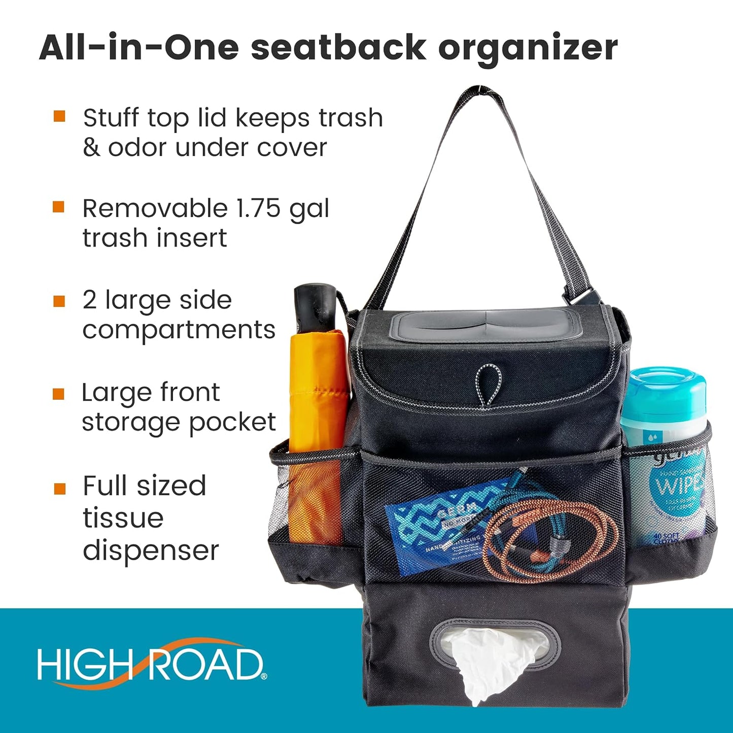 High Road StashAway Car Trash Can with Tissue Holder - Car Organizer with Trash Can, Tissue Dispenser and 3 Storage Pockets for Bottles, Flasks, Wipes and Driving Essentials