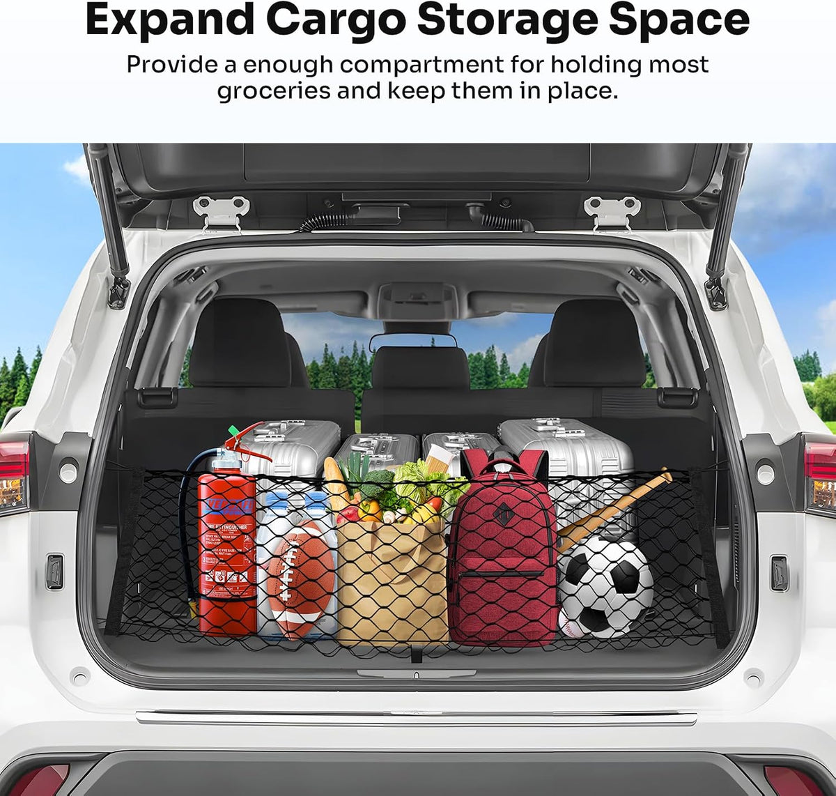 Canvcle Trunk Cargo Net for 2020-2026 Toyota Highlander Accessories Envelope Style Mesh Trunk Net Organizer and Storage Stretchable Adjustable Elastic Nylon Rear Cargo Netting with Hooks