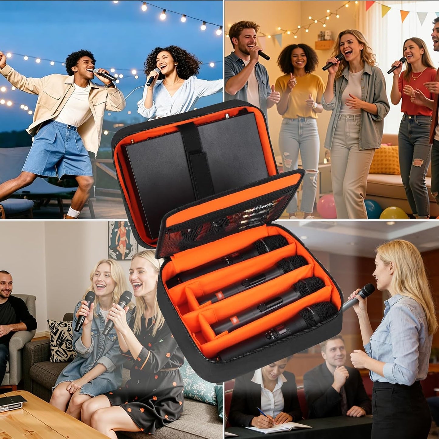 4-Slot Wireless Microphone Case, Storage Bag Compatible with JBL Partybox/Shure/TONOR Handheld Microphone System, Double Layer Wireless Mic Organizer for Receiver & Cables