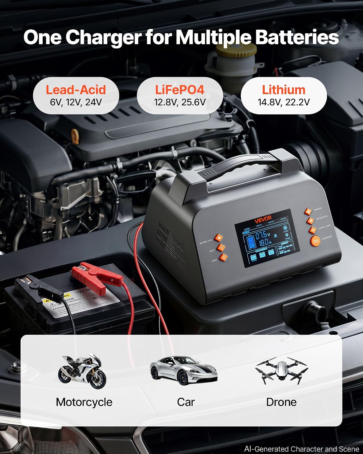 VEVOR Smart Battery Charger 25A 6V 12V 24V for Lithium LiFePO4 Lead-Acid
