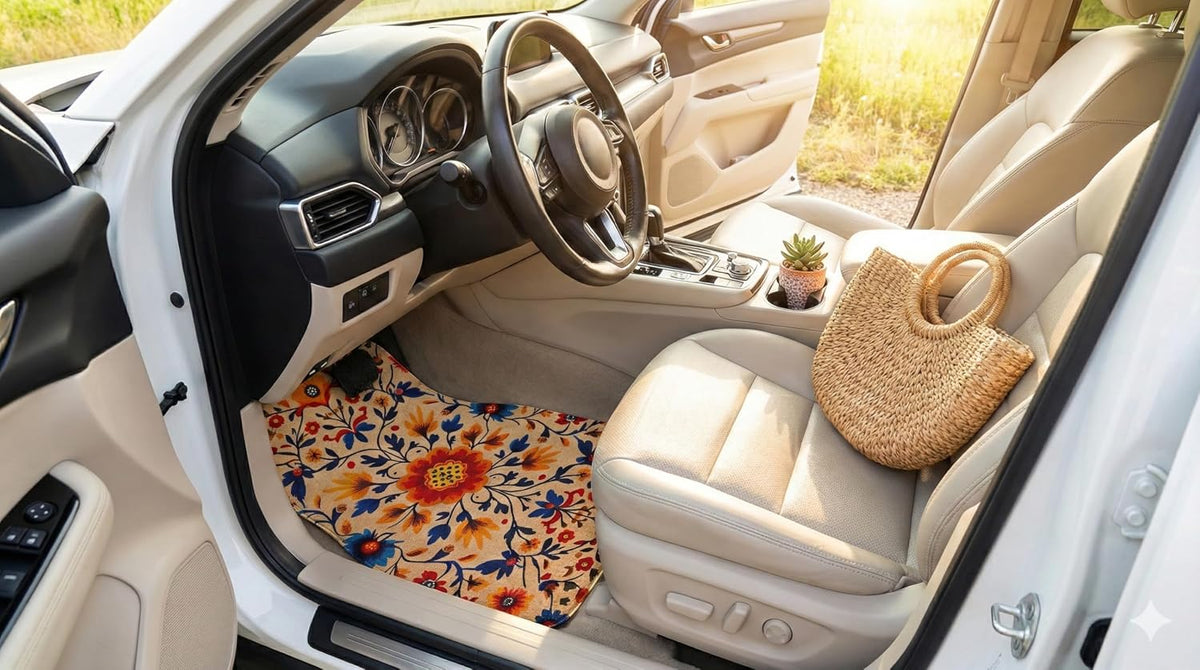 Nyverzd Luxury Car Floor Mats Full Set | Car Decor for Men Women | Vintage Floral Boho Pattern | Heavy Duty All-Weather Universal Rubber Liners | Non-Slip & Odor-Free