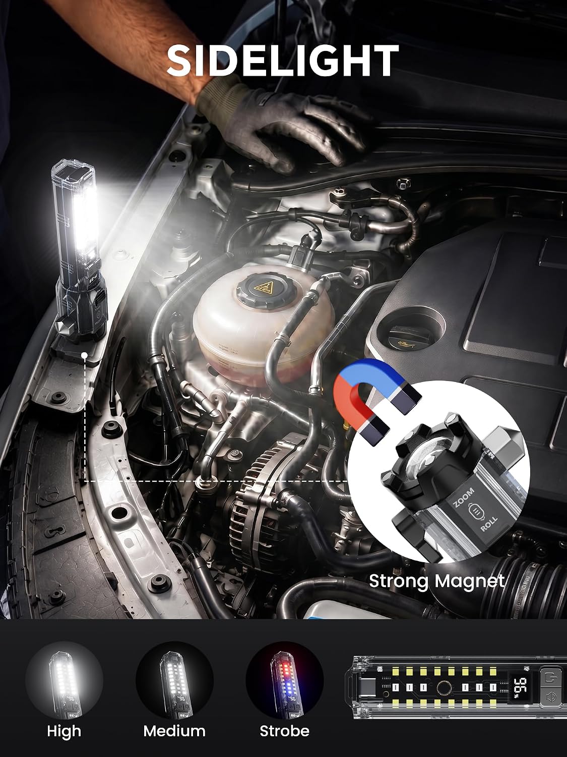 Yemao Car Emergency Flashlight with Seatbelt Cutter & Window Breaker, Tactical EDC Light with Alarm, Focusable Main Beam, Side Work Light, Red Blue Strobe Warning Light for Vehicle Self-Rescue