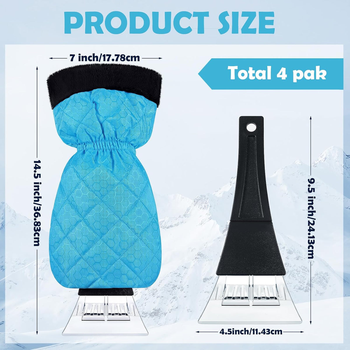 JaGely 4 Pack Ice Scrapers with Glove for Car Windshield,Sky Blue