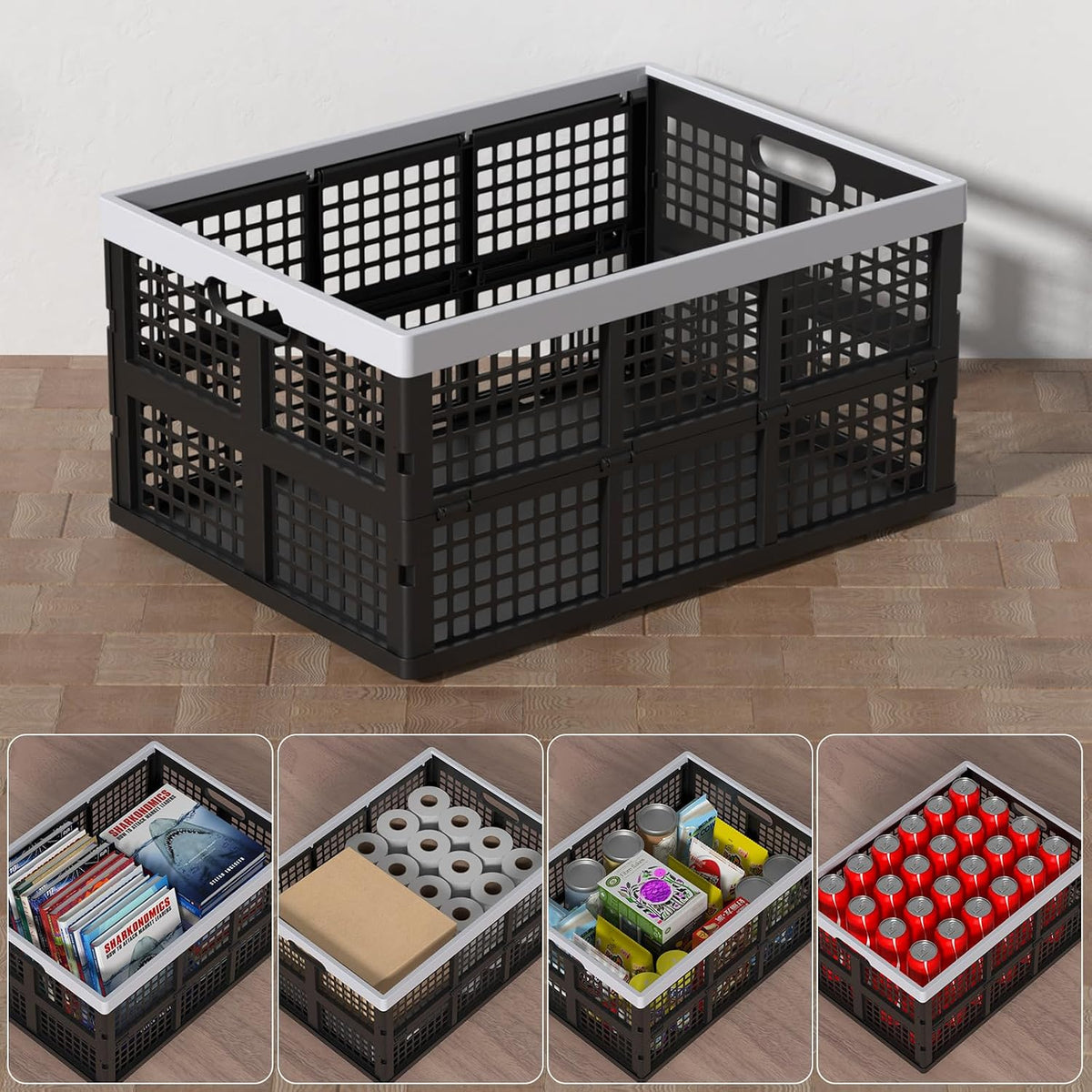 4 Packs 66 Liter Large Plastic Collapsible Storage Crates