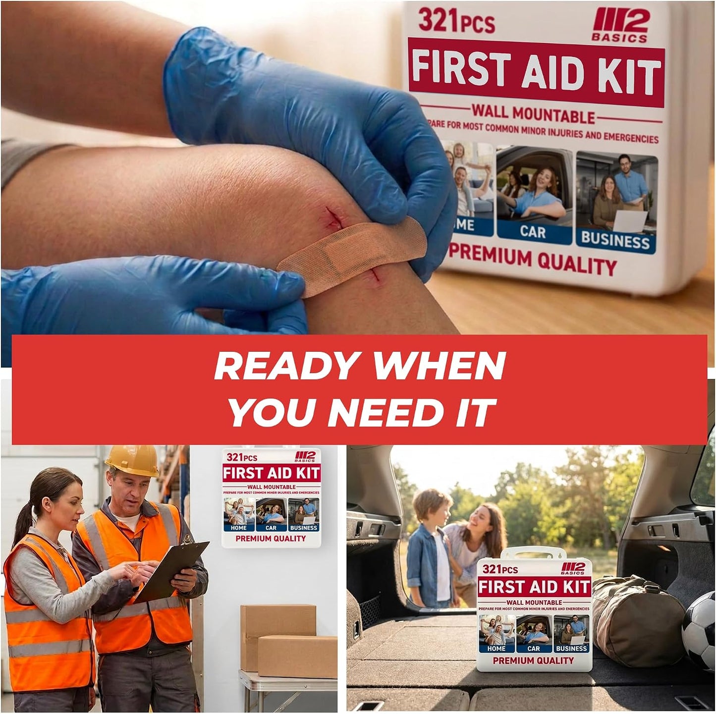 M2 BASICS 321 Piece Premium First Aid Kit, w/Hard Case for Home, Business | Office, Workplace, Warehouse, Vehicle, Jobsite, Garage, Family, Classroom, School, Kitchen, RV And Emergency Readiness