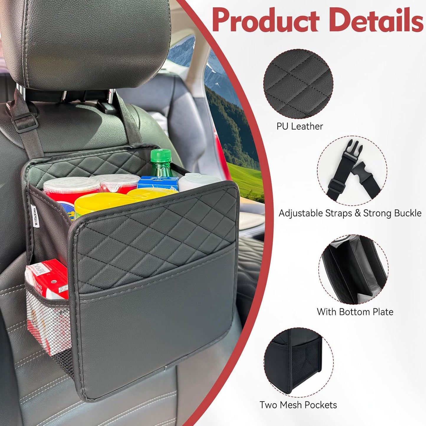 Witaxima Upgrade Car Seat Organizer Backseat with Storage Pockets, Multipurpose Car Organizer Hanging, Car Trash Bag Can,Premium PU Leather Garbage Can 2.14 Gallon Large Capacity, Black.