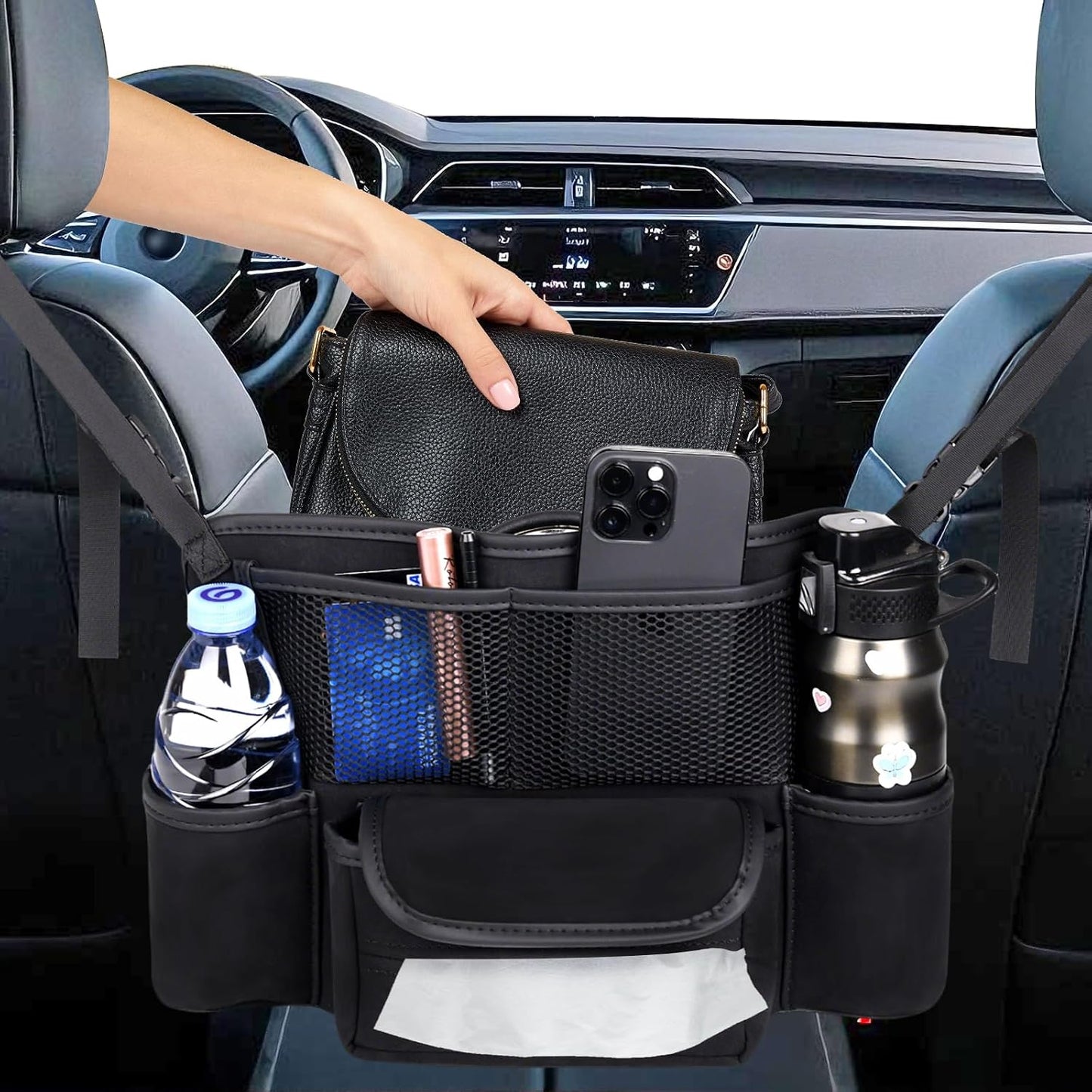 Car Handbag Holder Between Seats Suede Large Capacity Car Purse Holder Automotive Consoles, Fits Between Front Seats, Holds Wallet, Phone & Essentials (Black)