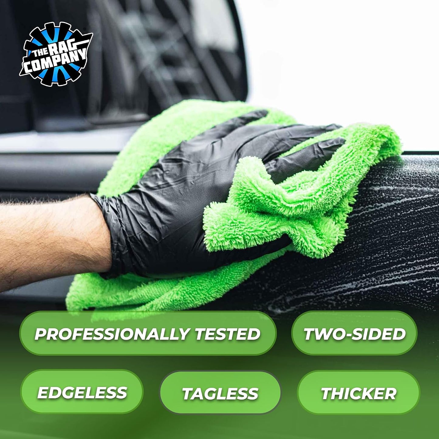 The Rag Company - Creature Edgeless Auto Detailing Towels (10-Pack) Professional 70/30 Blend, Dual-Pile Plush Microfiber, Buffing & Polishing, 420gsm, 16in x 16in, Lime Green