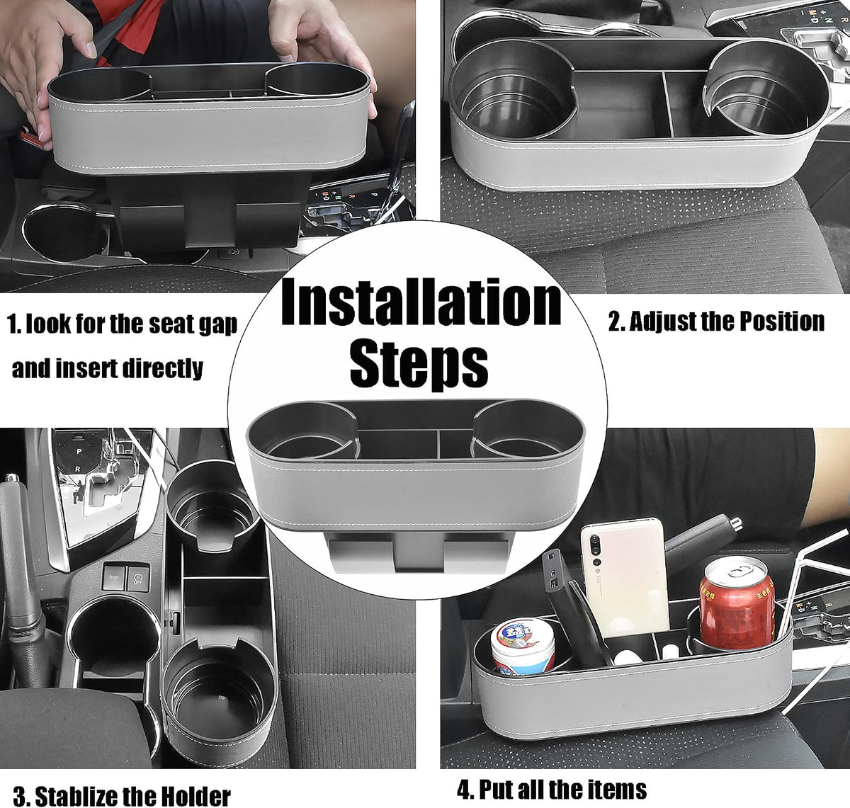 IOKONE Console Side Pocket, Cup Holder for Car, Easy Install, Slim Gray