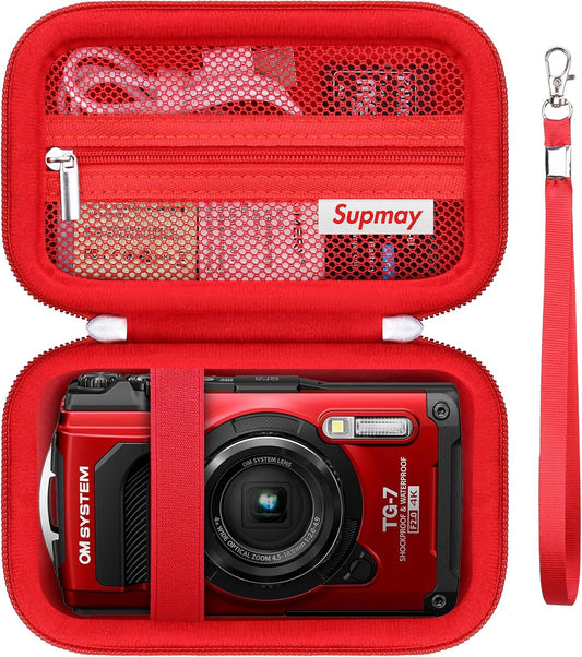 Carrying Case for OM System OLYMPUS Tough TG-7 / Tough TG-6 / TG-5 / TG-4 Underwater Digital Camera, Storage Holder Travel Bag with Mesh Pocket for Battery Pack, Charging Cable, Red