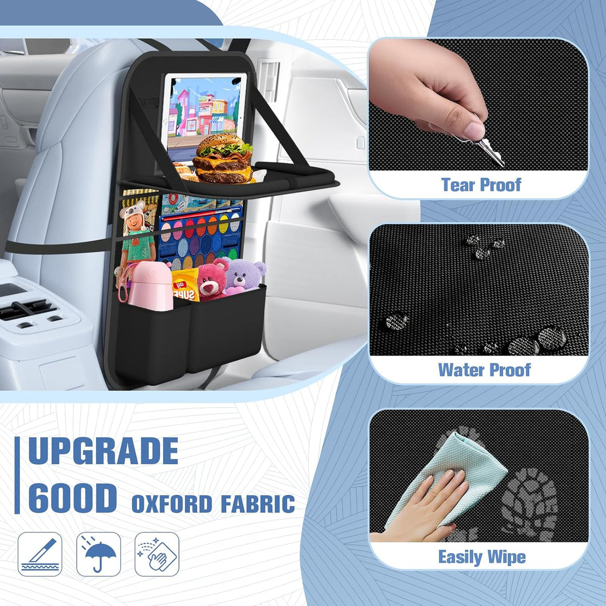 1 Pack Car Backseat Organizer with Tray, Tablet Holder for Kids Trip