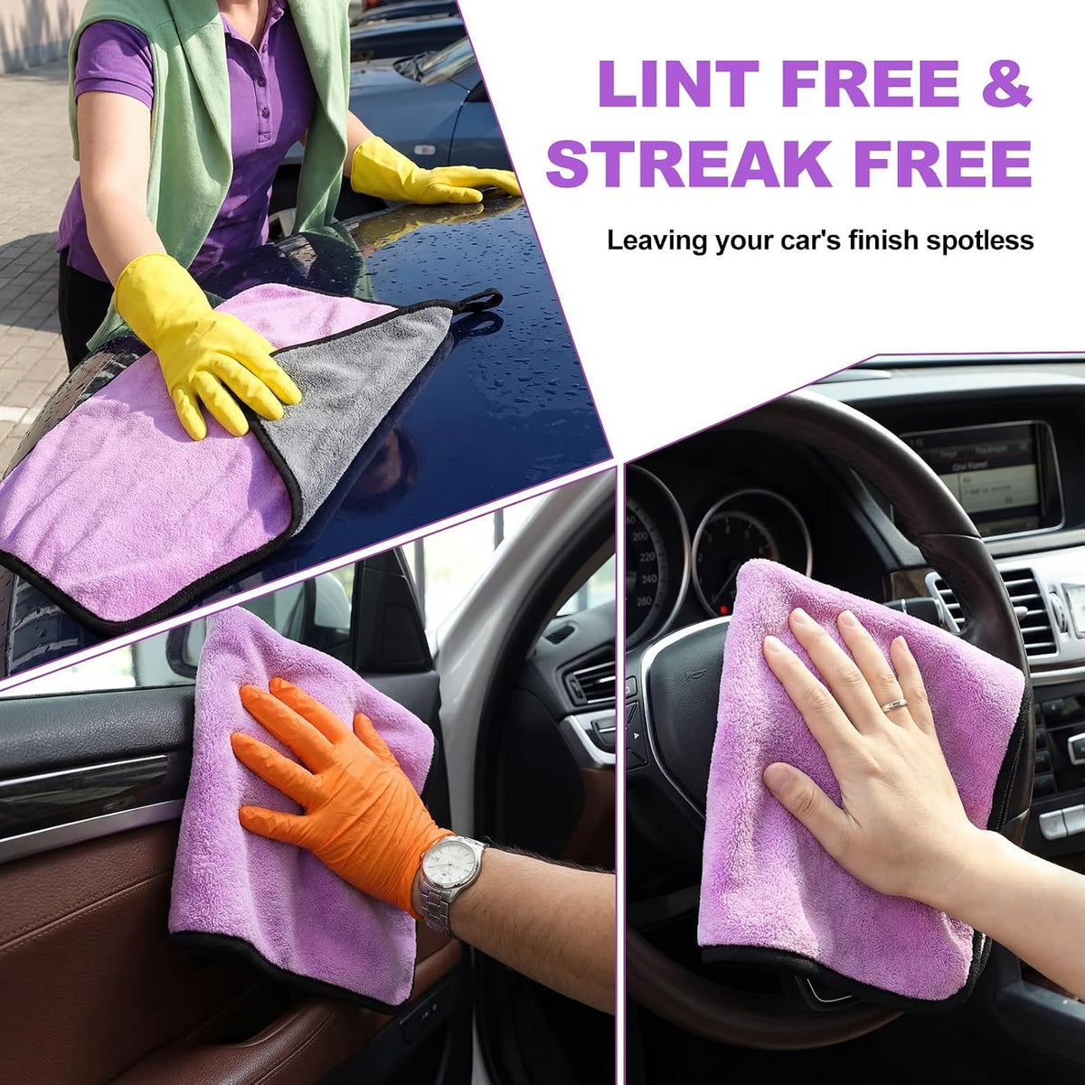 20 Pcs Microfiber Car Drying Towels 800 Gsm Thick Plush, Grey and Purple