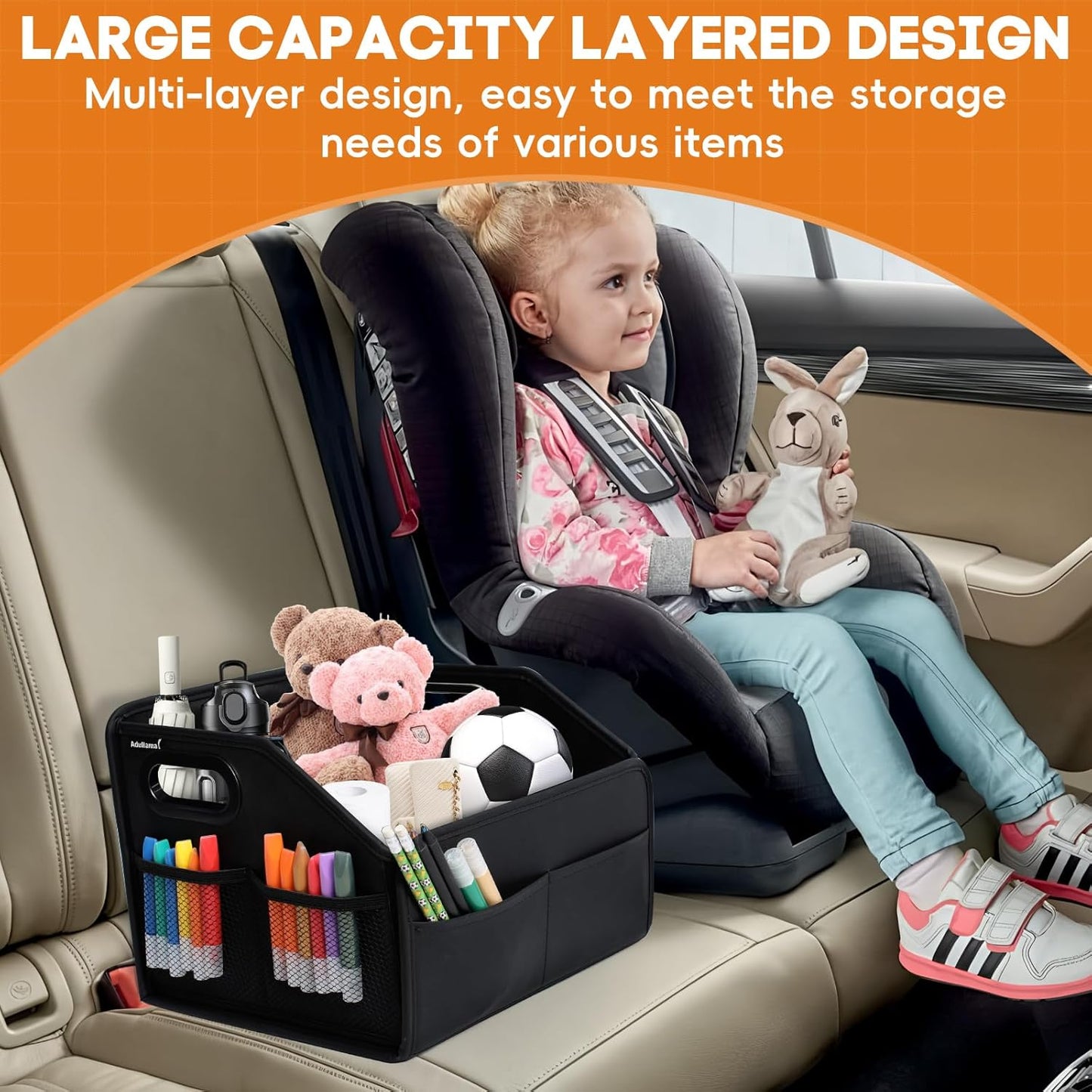 Car Storage Organizer Reinforced Dividable Leather Car Caddy Basket for Front Seat Floor Back Sturdy Frosted Handle 8 Compartments Adjustable Strap Buckles Slip-Resistant (Normal)